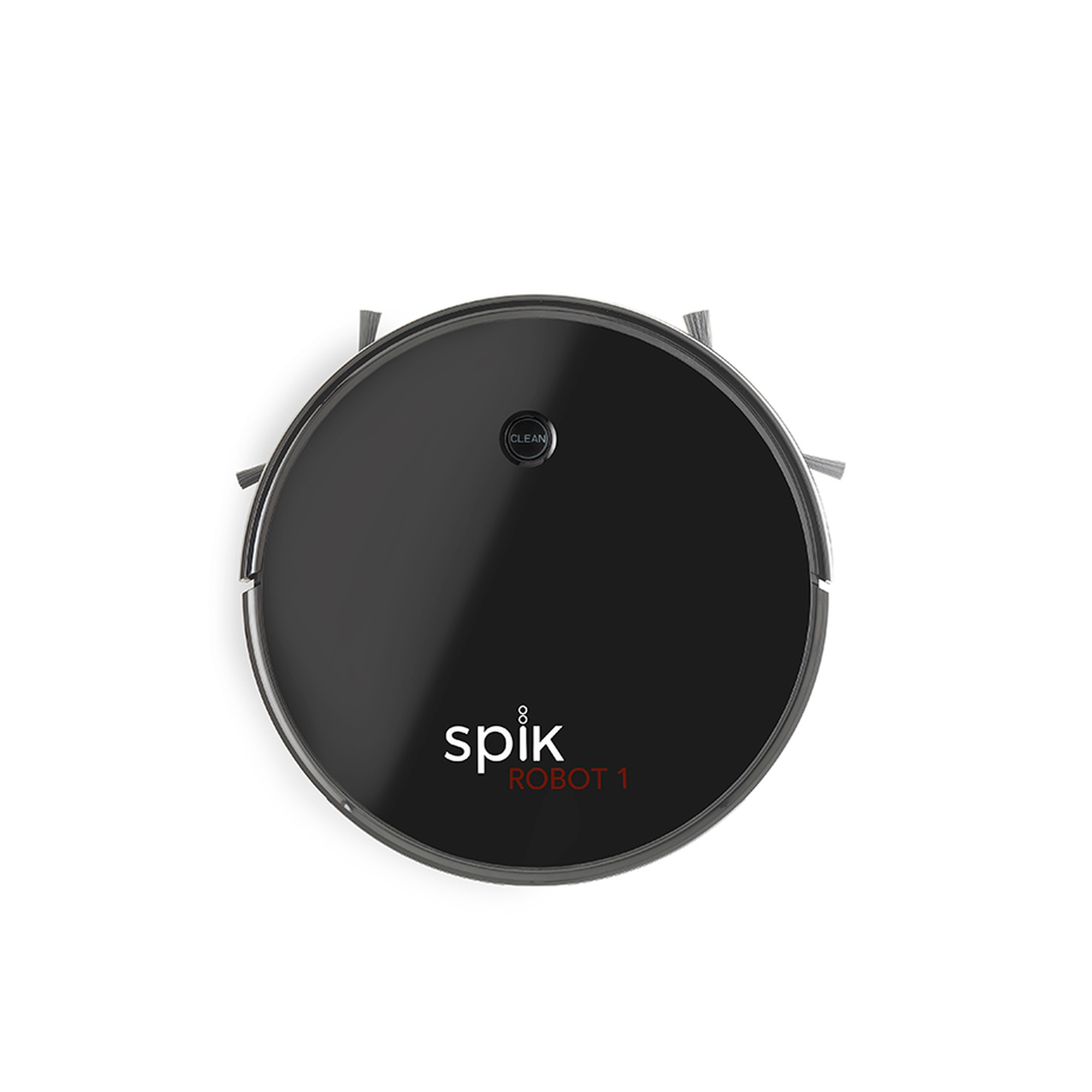Una aspiradora robot redonda y negra con la palabra 'spik' y el texto 'ROBOT 1'.