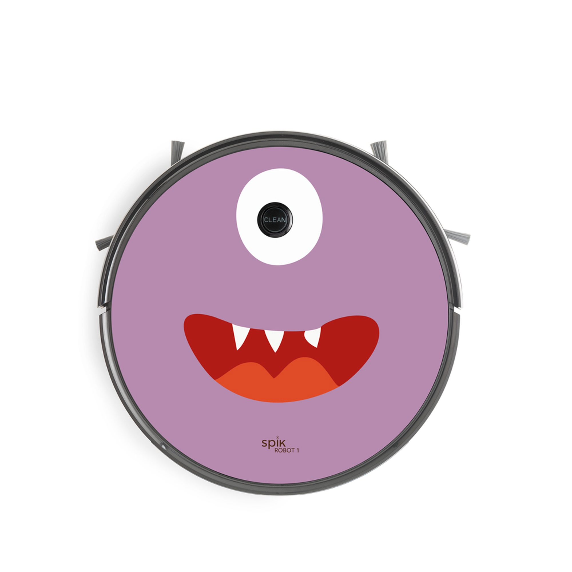 Una aspiradora robótica redonda morada con una cara de monstruo de dibujos animados. Fondo blanco.