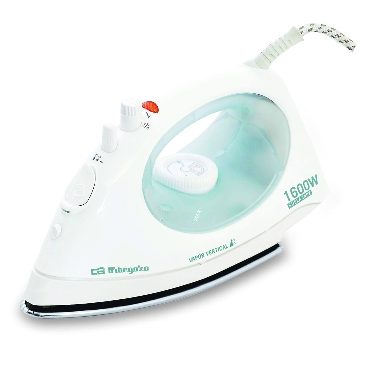 Plancha blanca con depósito turquesa y etiqueta 1600W.
