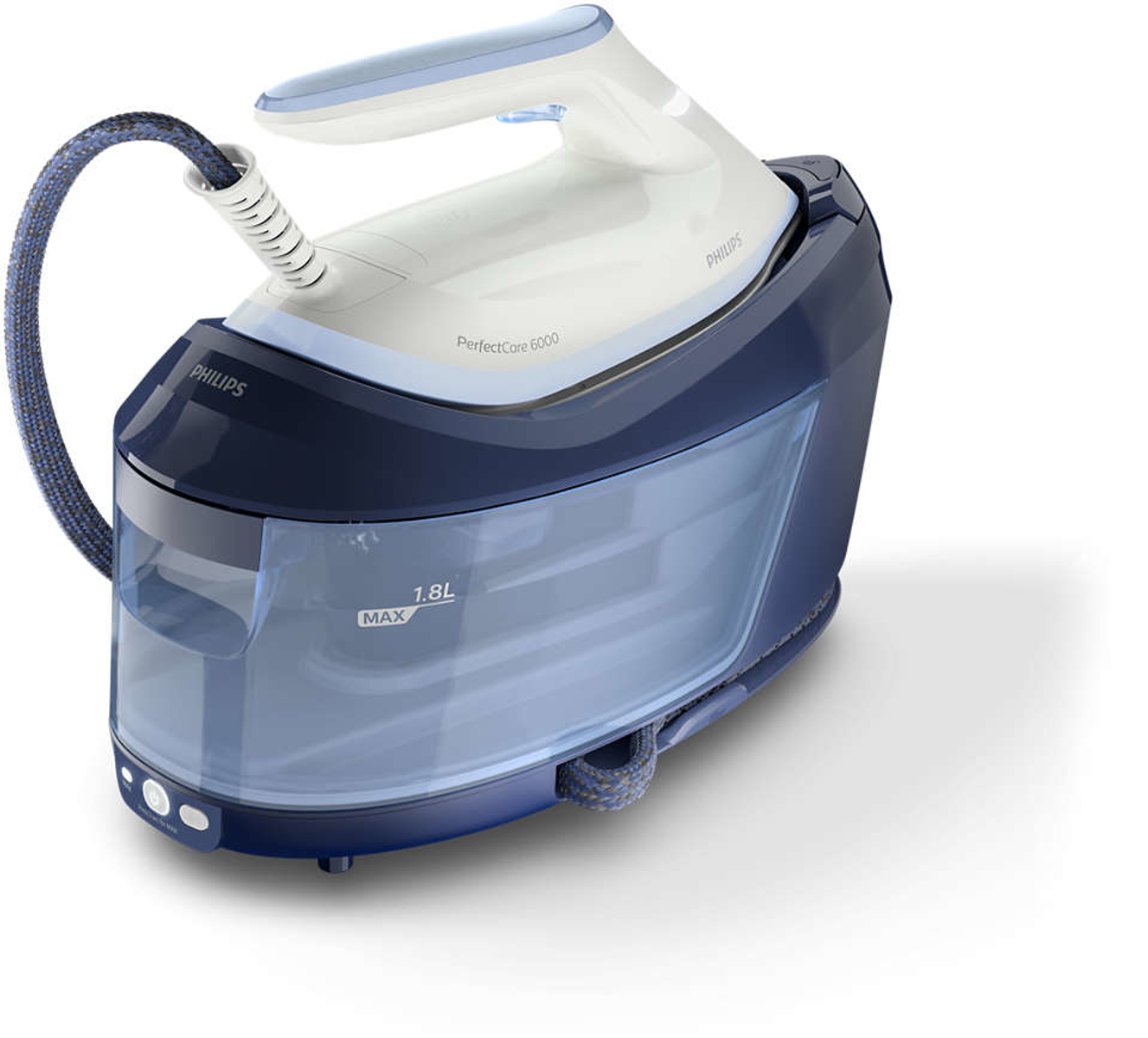 Una plancha Philips blanca y azul con una manguera azul y un depósito de agua sobre una superficie blanca.