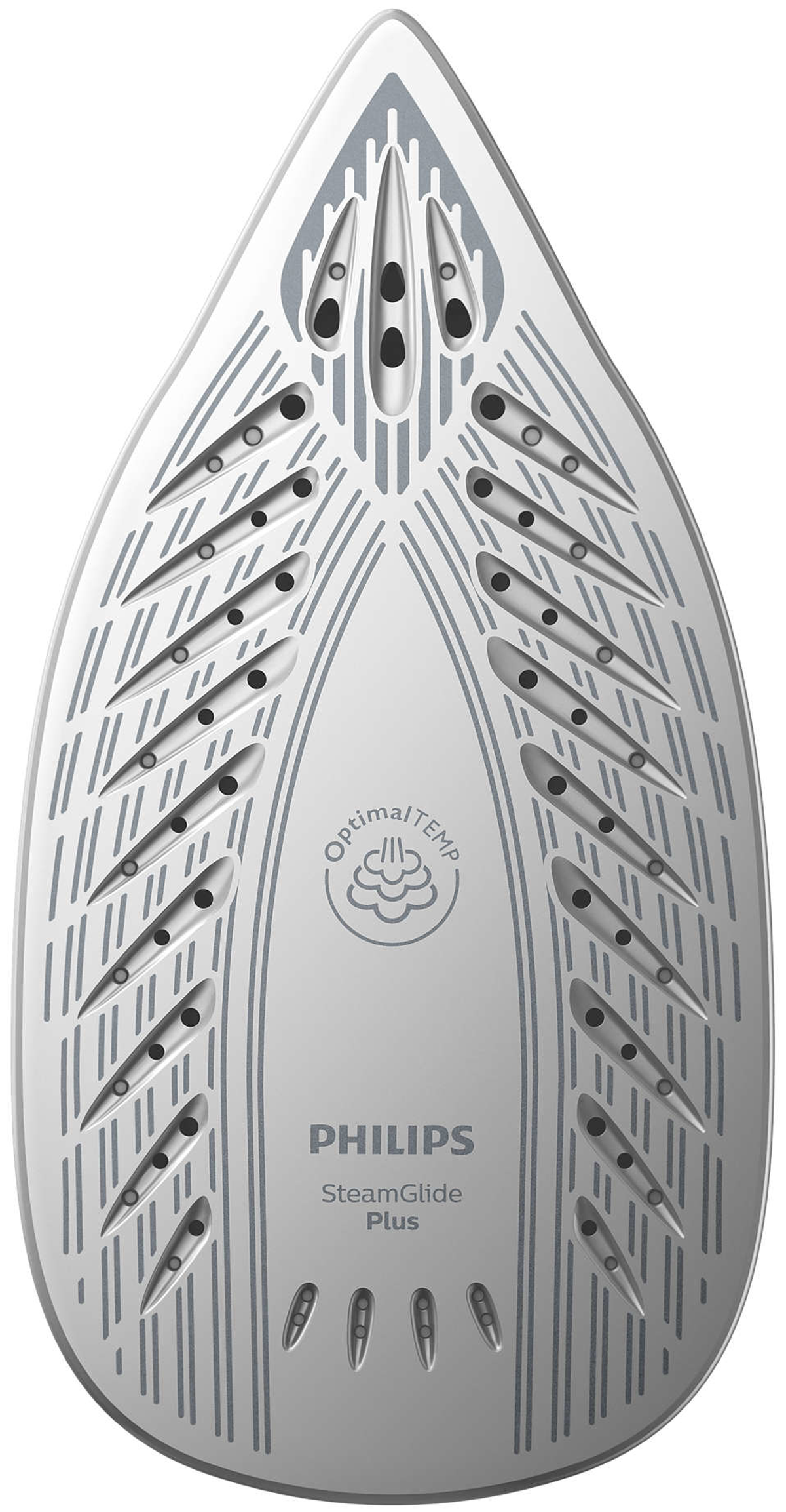 Primer plano de la suela de una plancha Philips con texto y orificios de vapor, mostrando OptimalTEMP.