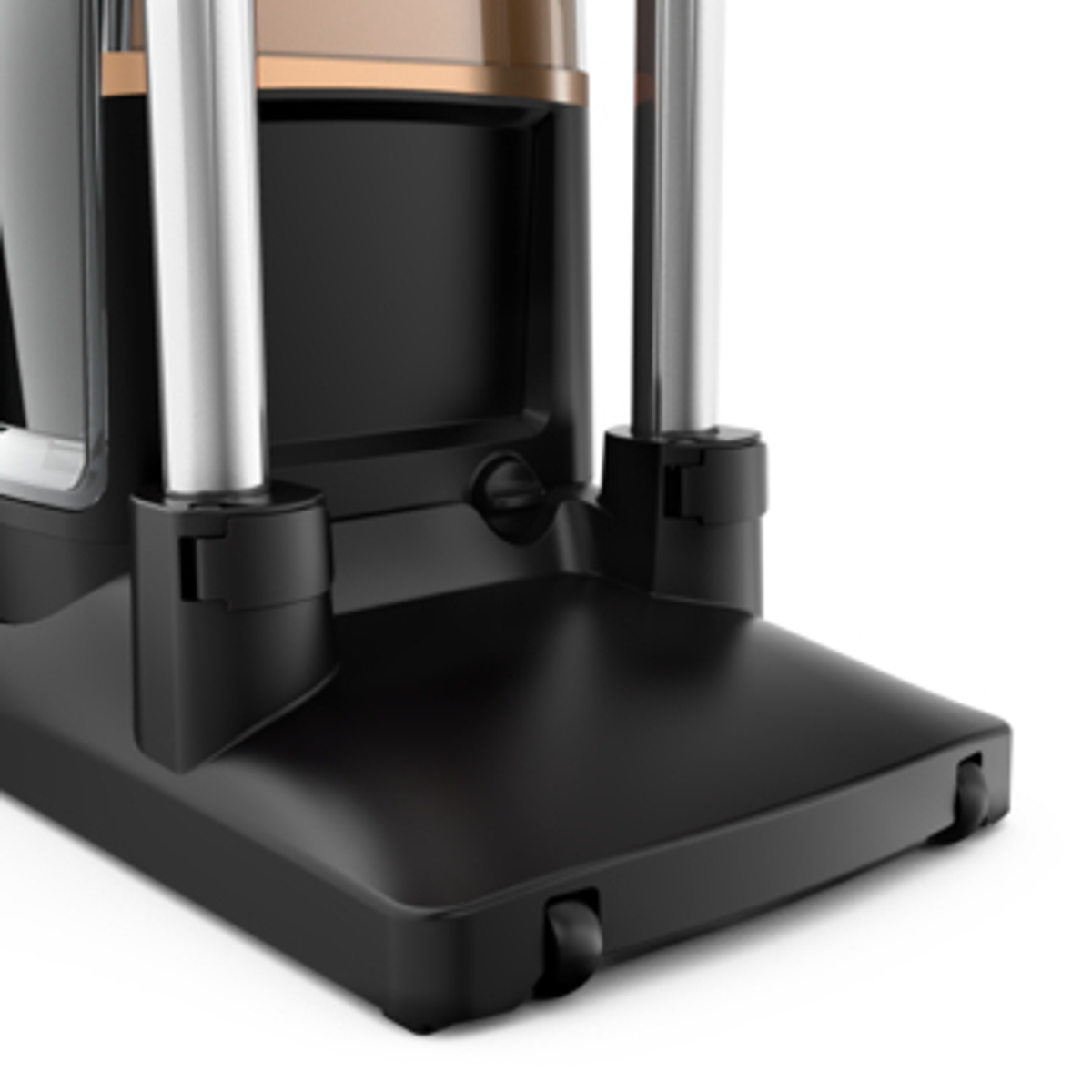 Czarna podstawa ze srebrnymi słupkami. Podstawa ma kółka i znajduje się na białej powierzchni.