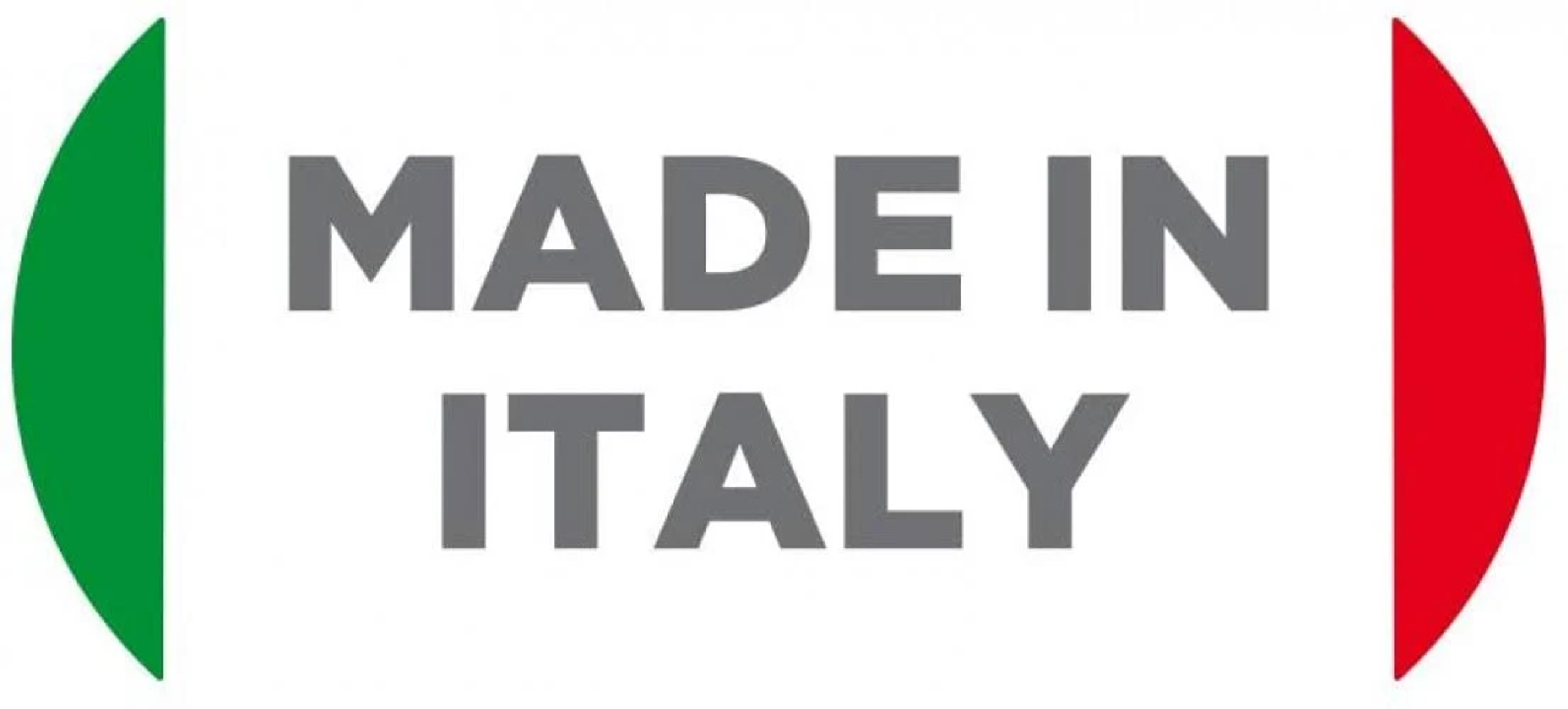 Le parole 'MADE IN ITALY' in grigio, con i colori della bandiera italiana su entrambi i lati.