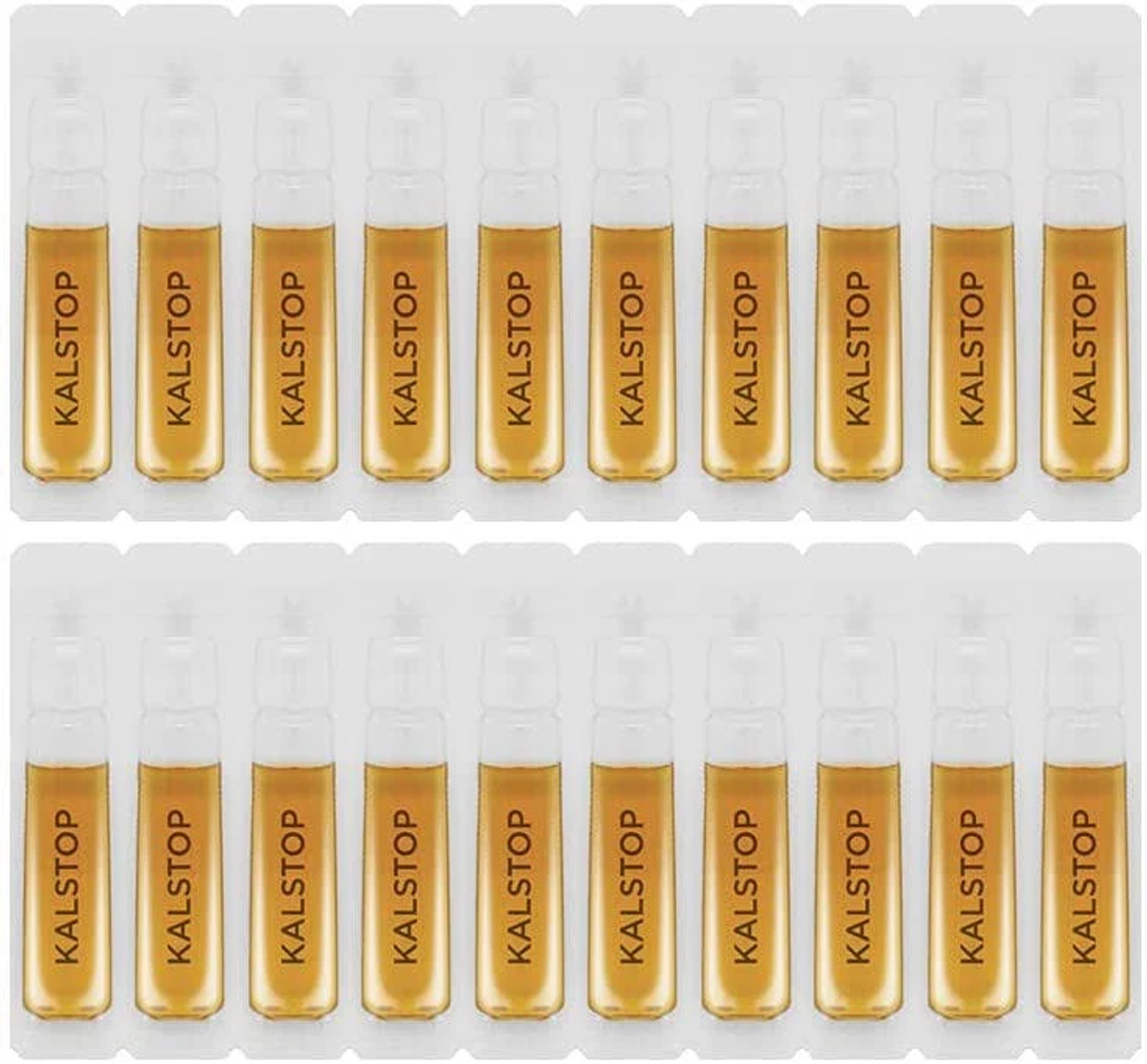 Due file di fiale con un liquido giallo e la scritta 'KALSTOP' stampata sopra.