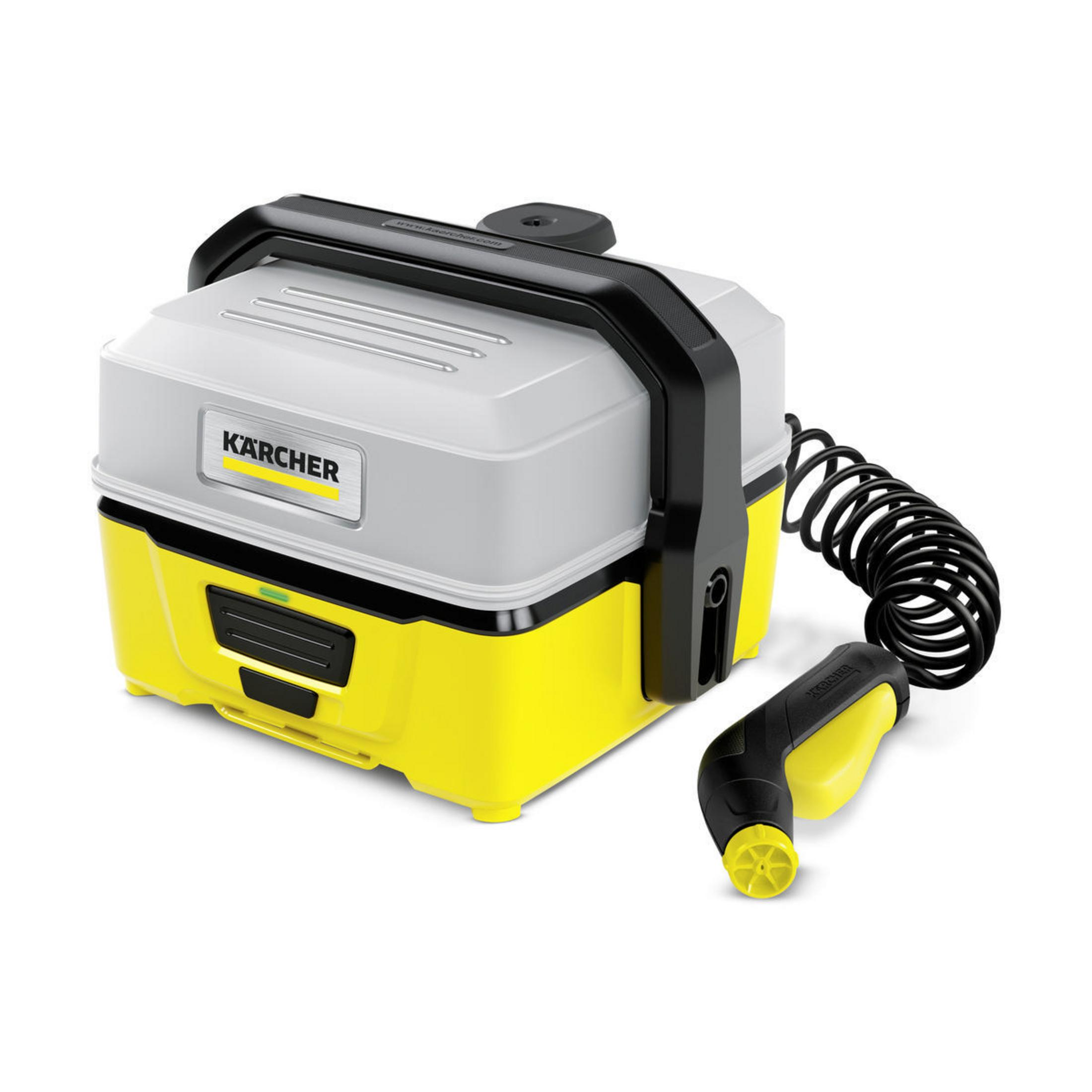 Yellow and gray Karcher portable washer with a black handle, hose, and nozzle.