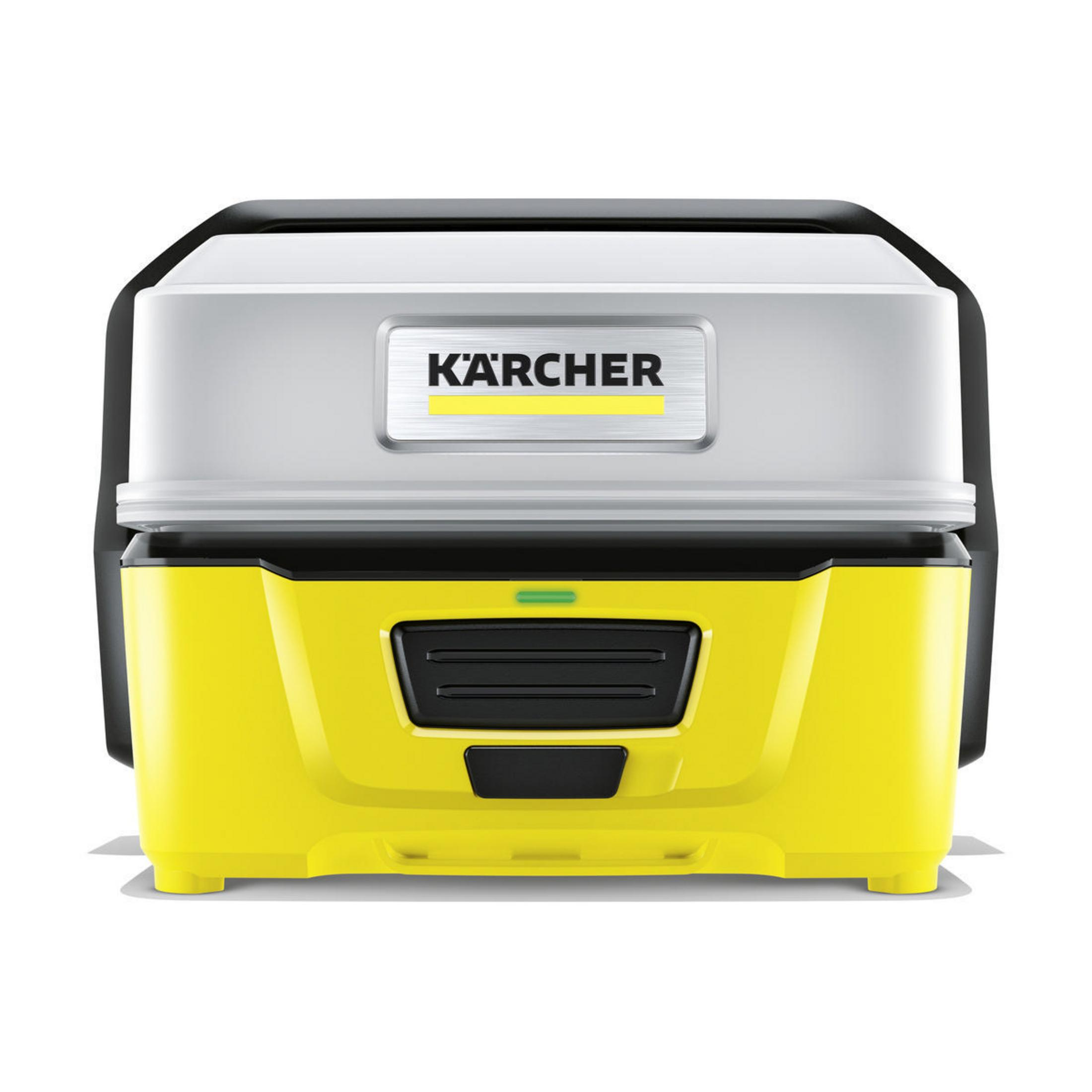 Yellow and black Kärcher battery-powered cleaner, with a gray top and a green light.
