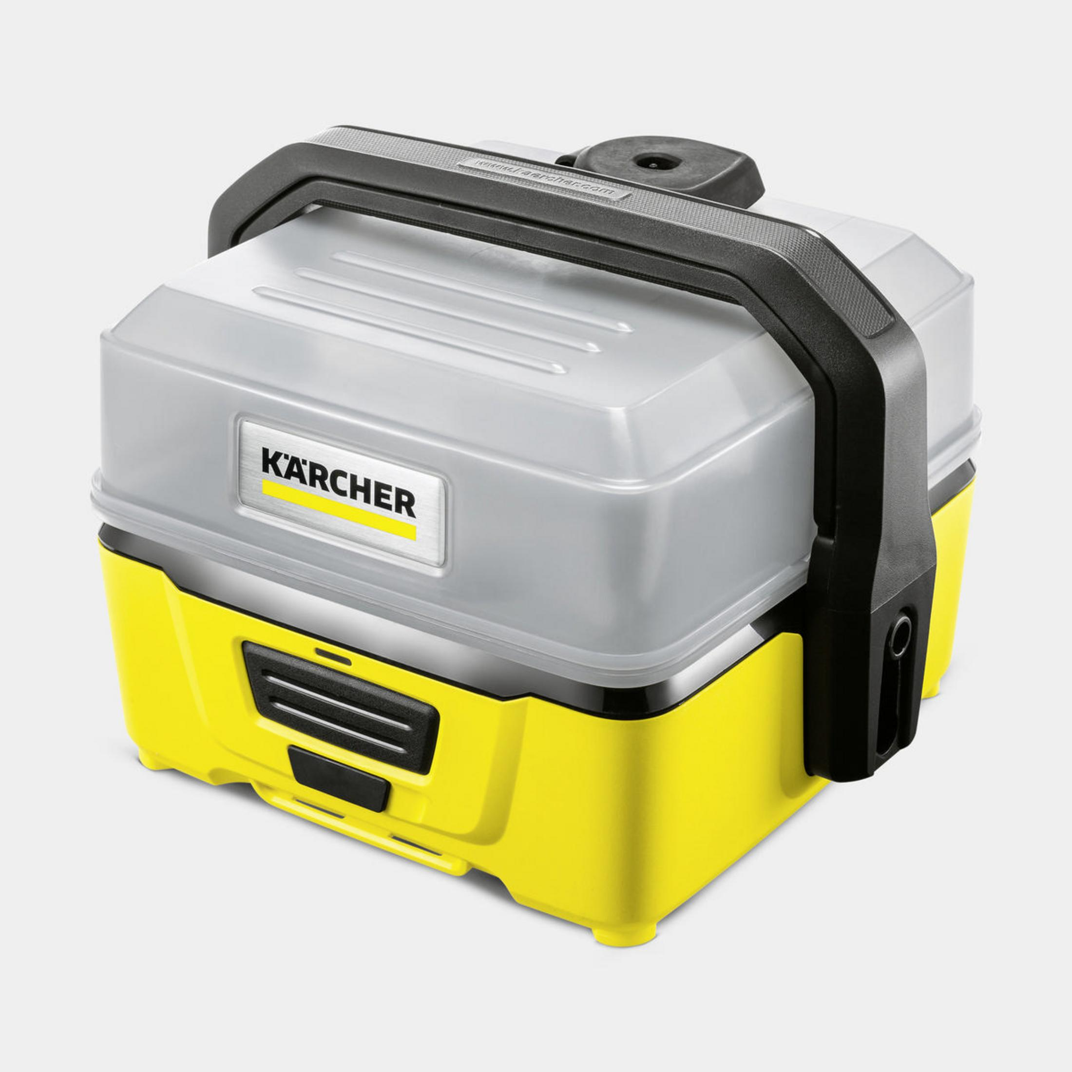 Yellow and gray Kärcher portable appliance with a black handle. White background.