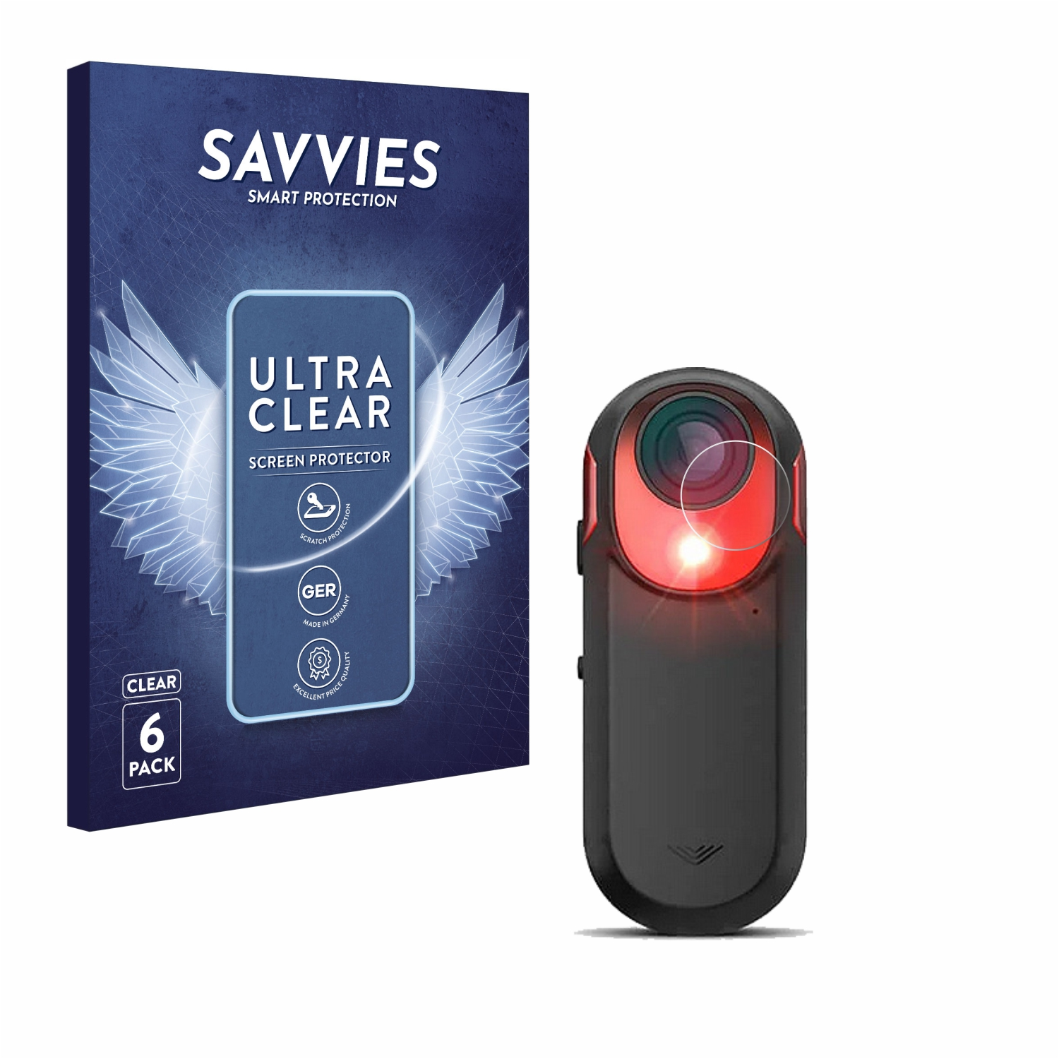 Eine Displayschutzfolienverpackung und eine schwarze Kamera mit rotem Licht.