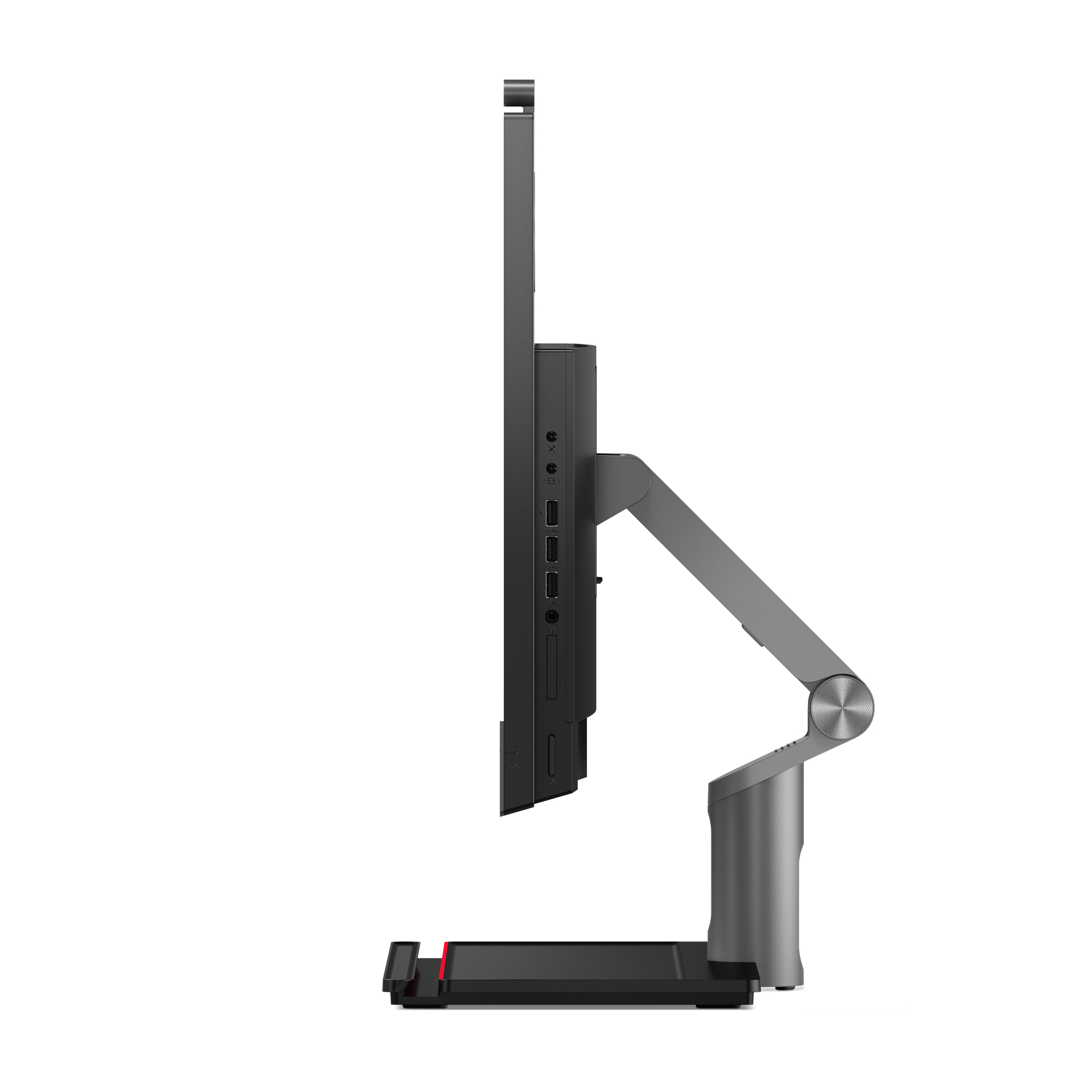 Seitenansicht eines schwarzen Computermonitors mit silbernem Ständer. Weißer Hintergrund.