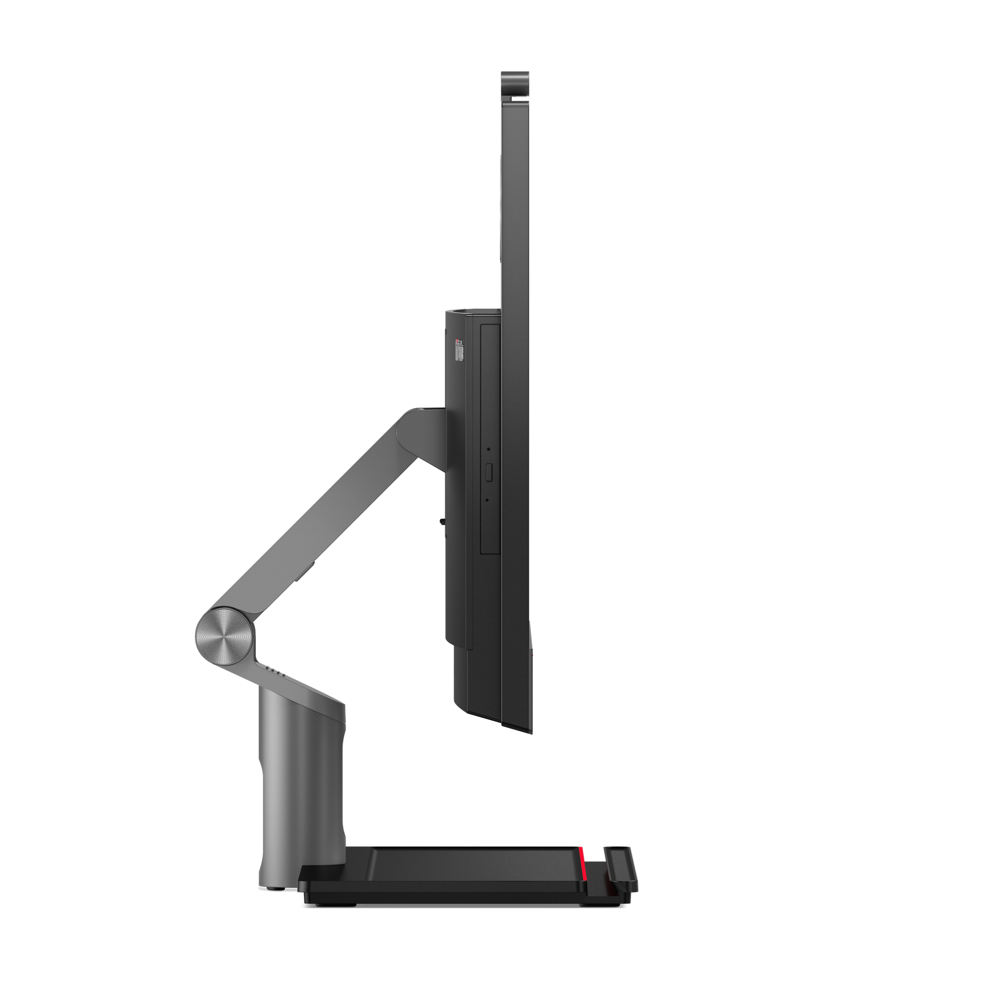 Seitenansicht eines Computermonitors mit Ständer, auf weißem Hintergrund.