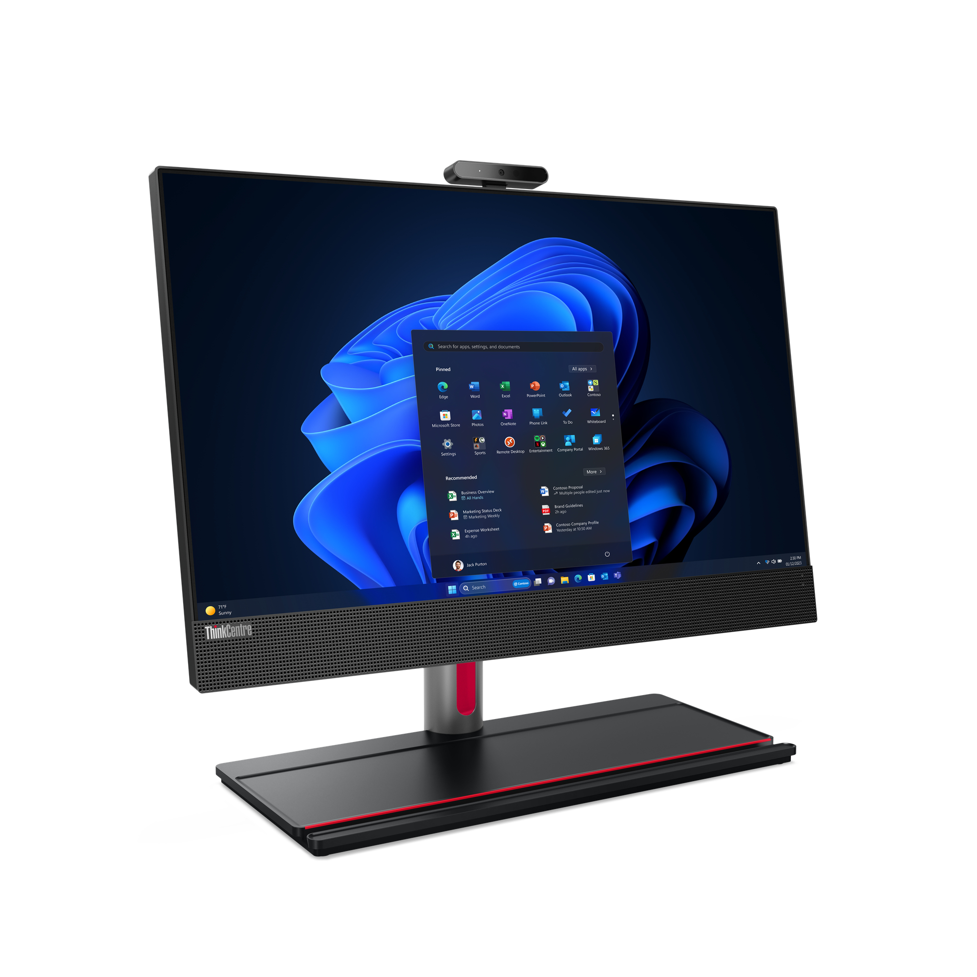 Ein Computermonitor mit einer Webcam oben. Der Bildschirm zeigt die Windows 11 Oberfläche.