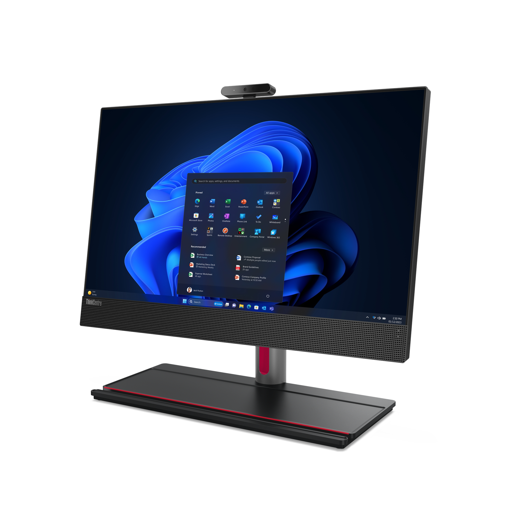 Ein All-in-One-Computer mit großem Bildschirm, integrierter Webcam und schwarzem Sockel mit roter Akzentuierung.