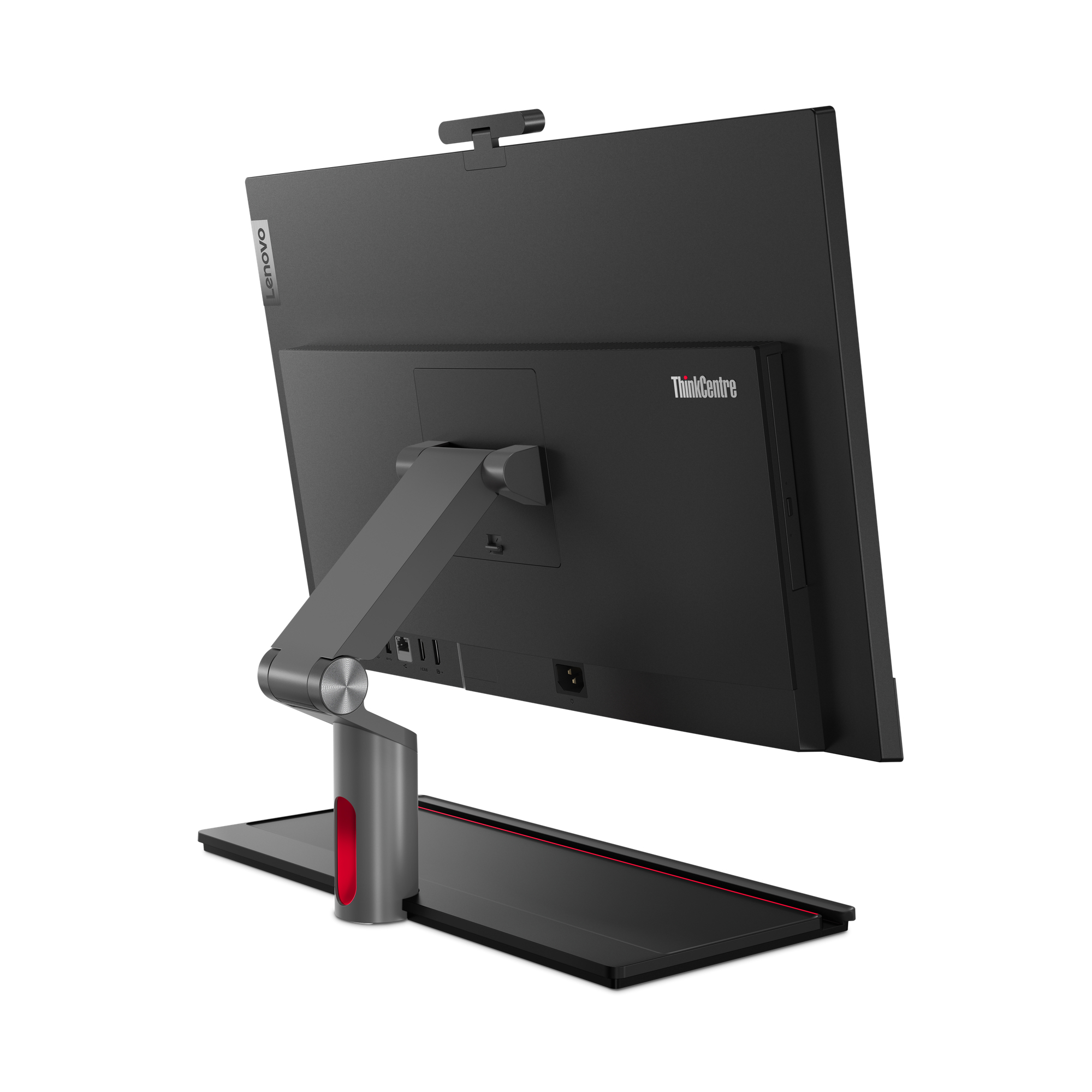 Schwarzer Lenovo ThinkCentre Computermonitor mit Webcam und Ständer.