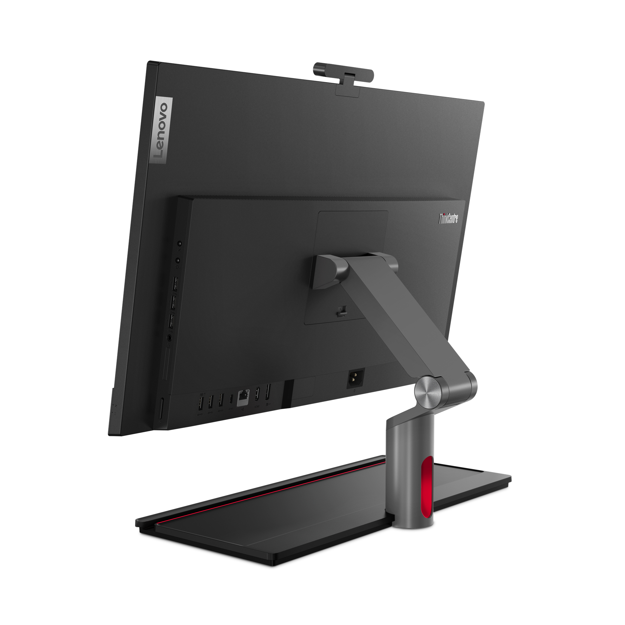 Die Rückseite eines Lenovo All-in-One-Computers. Er hat einen schwarzen Bildschirm mit Anschlüssen und roter Basis.