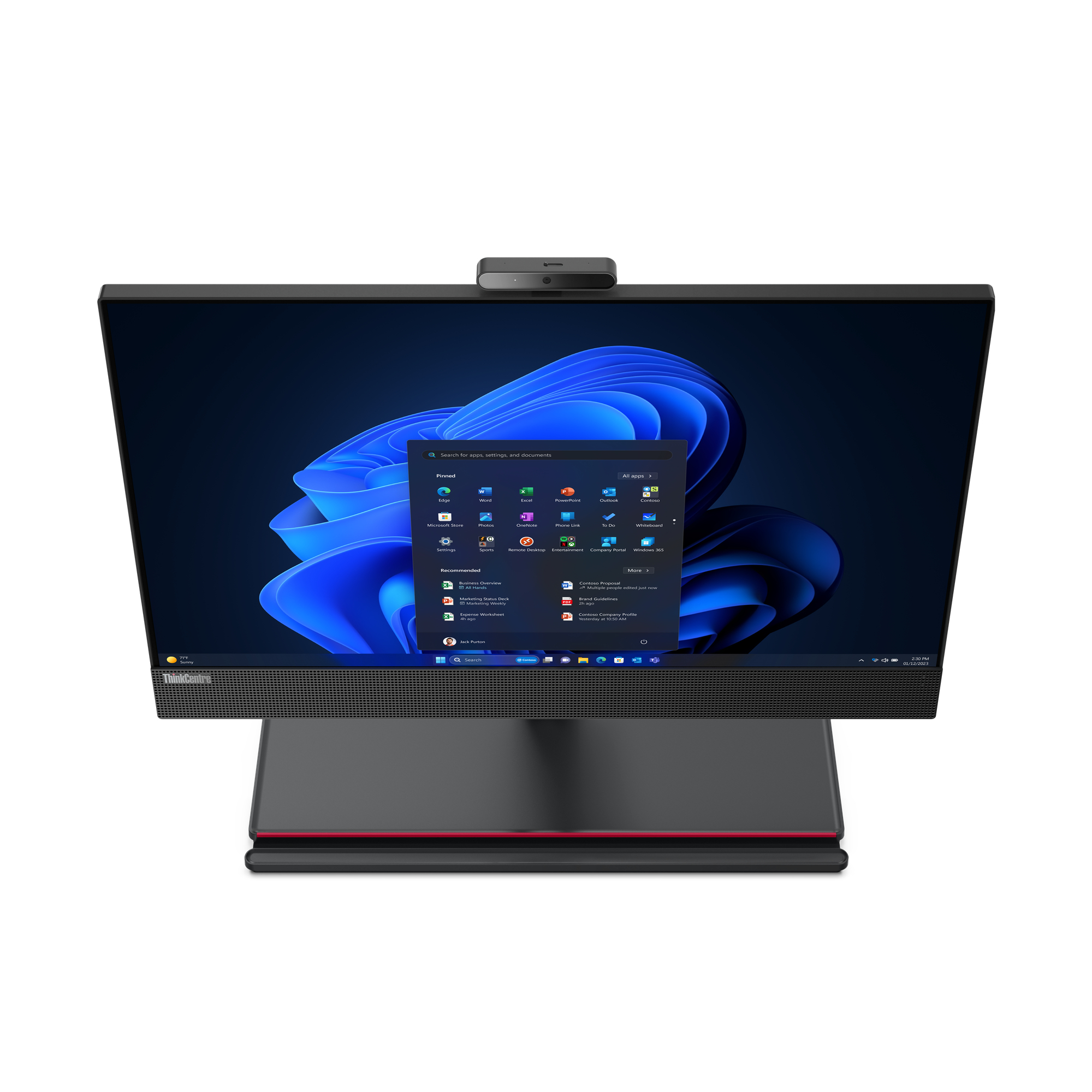 Eine Draufsicht auf einen Desktop-Computer mit einem Bildschirm, der eine Windows-Oberfläche anzeigt, und einer Webcam.