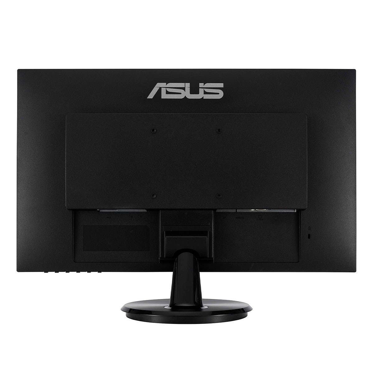 Czarny monitor komputerowy z logo ASUS. Widok z tyłu, pokazujący porty i stojak.