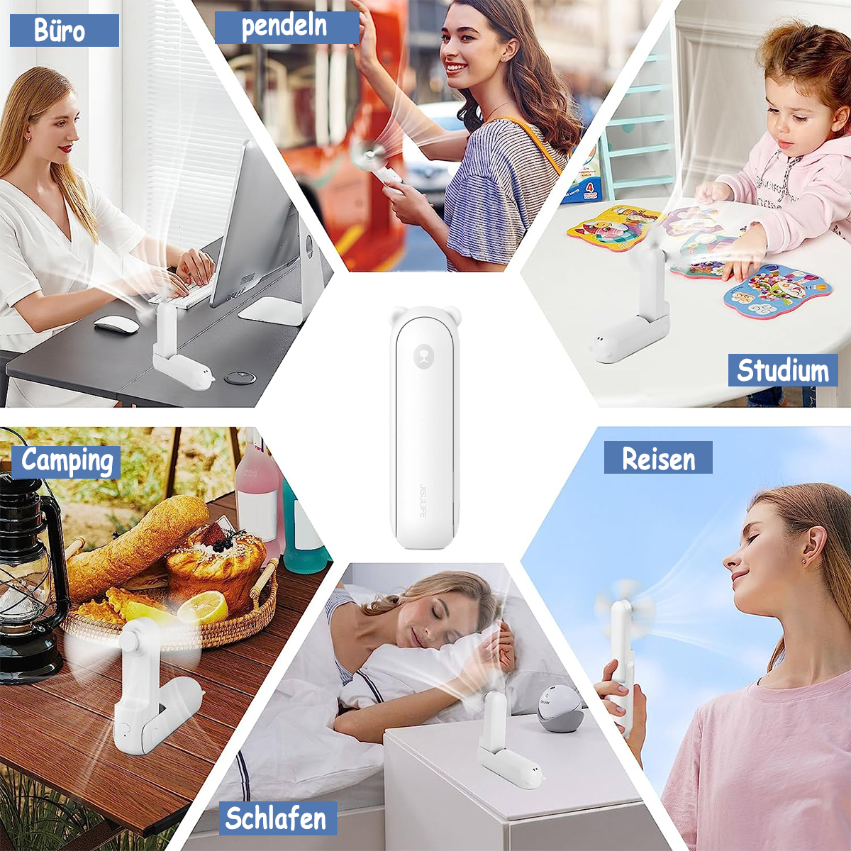 Ventilator in verschiedenen Umgebungen: Büro, Pendeln, mit Kind, Camping, Schlafen und Reisen.