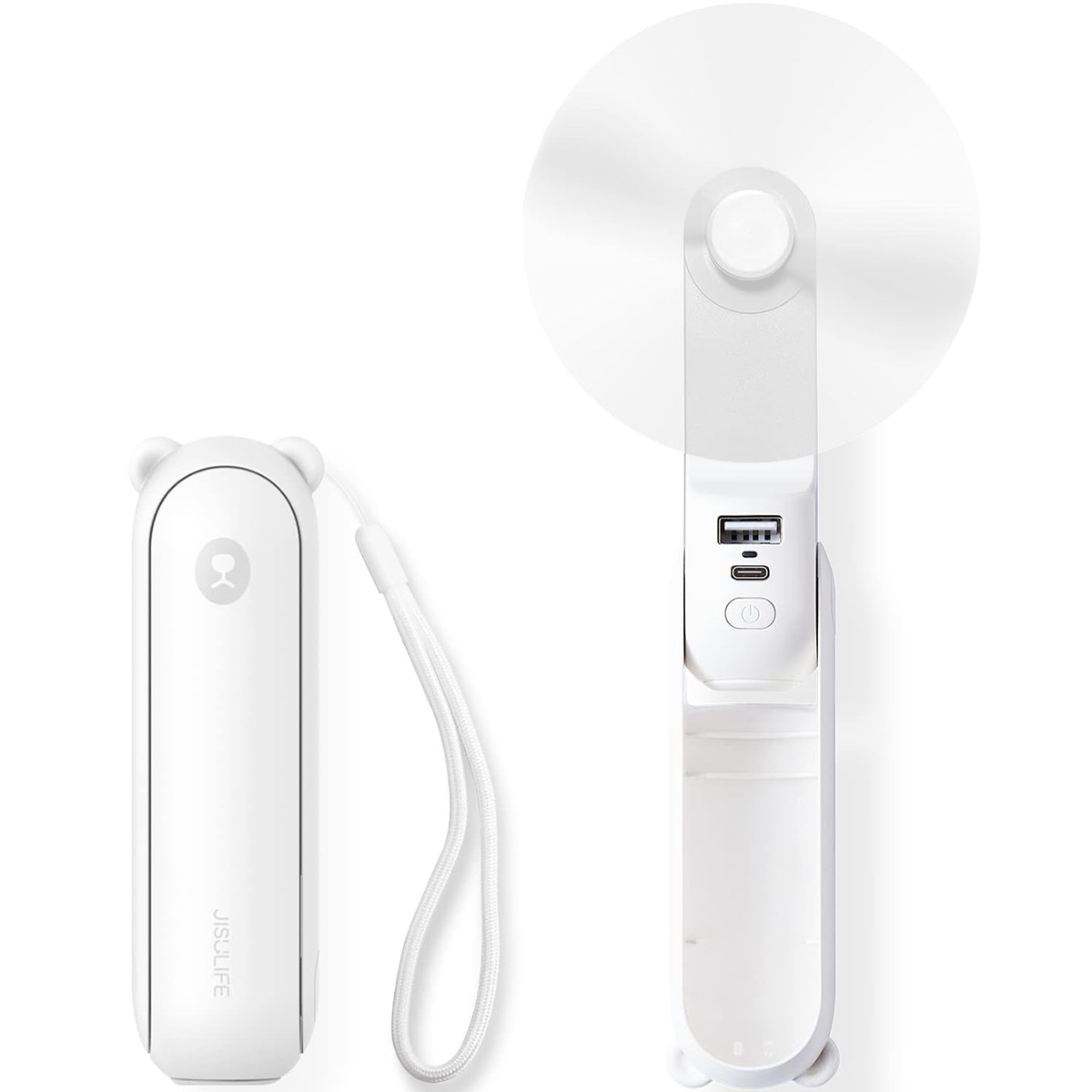 Zwei weiße tragbare Ventilatoren. Einer ist mit einem Bärengesicht geschlossen, der andere offen.