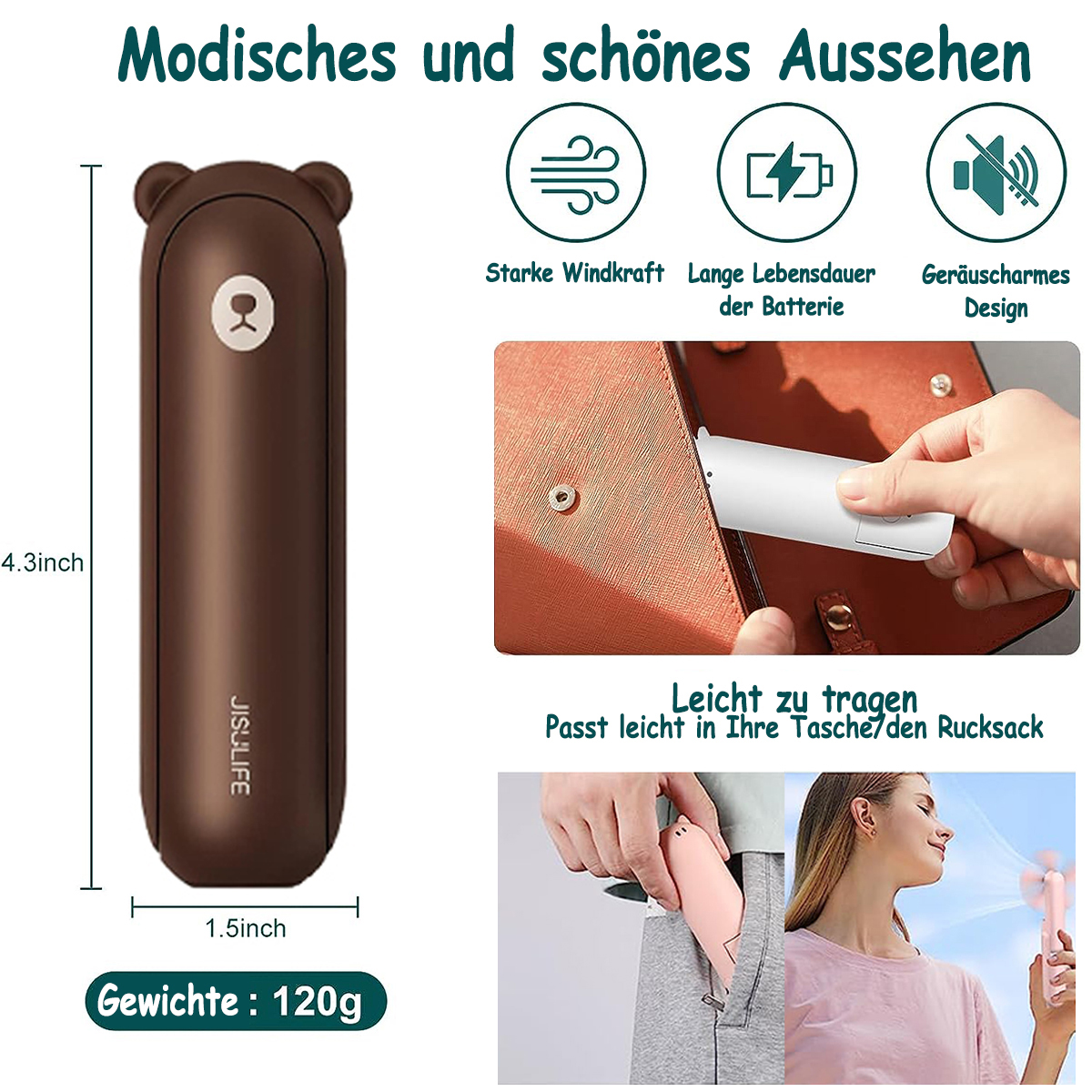 Ein brauner, bärenförmiger Ventilator mit Informationen über seine Eigenschaften. Eine Frau hält ihn in der Hand.