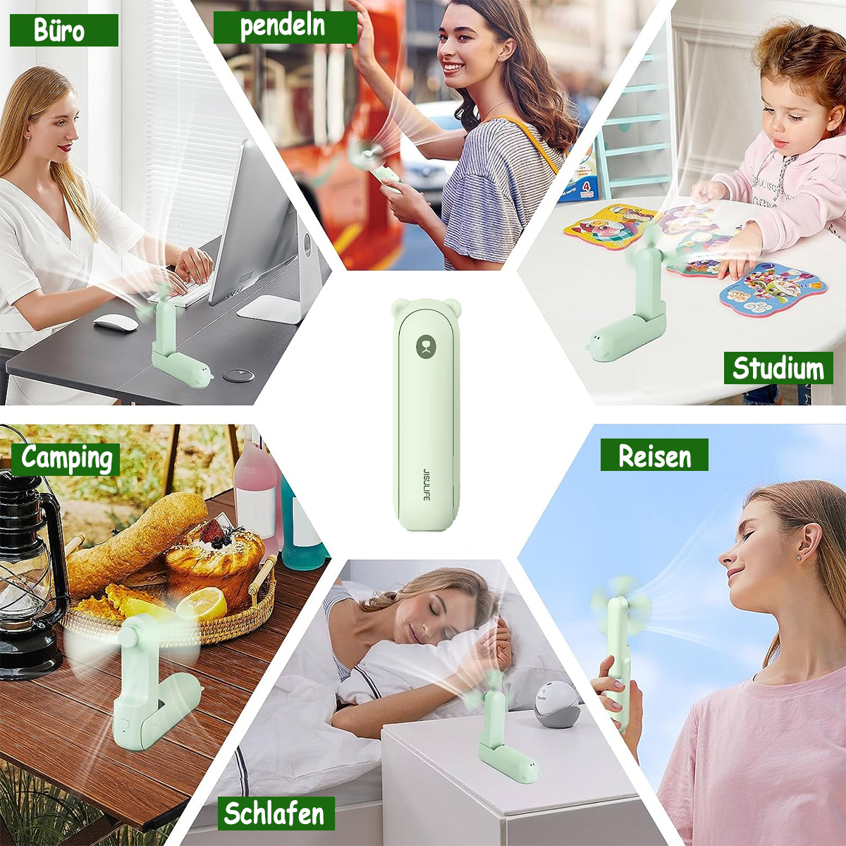 Mehrere Bilder eines tragbaren Ventilators, der in verschiedenen Umgebungen genutzt wird.