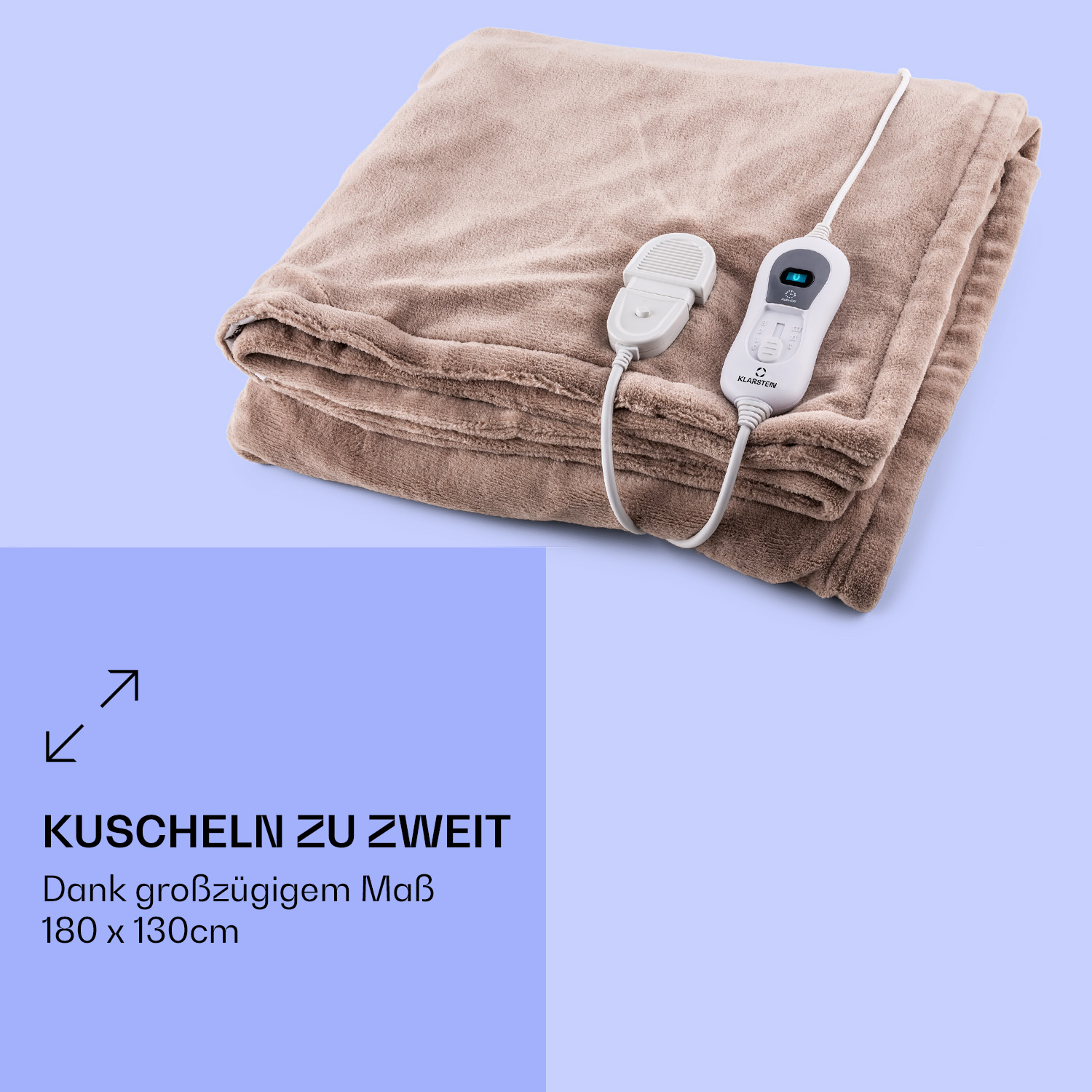 Gefaltete beige elektrische Heizdecke mit Bedienfeld und Text 'Kuscheln zu Zweit'.