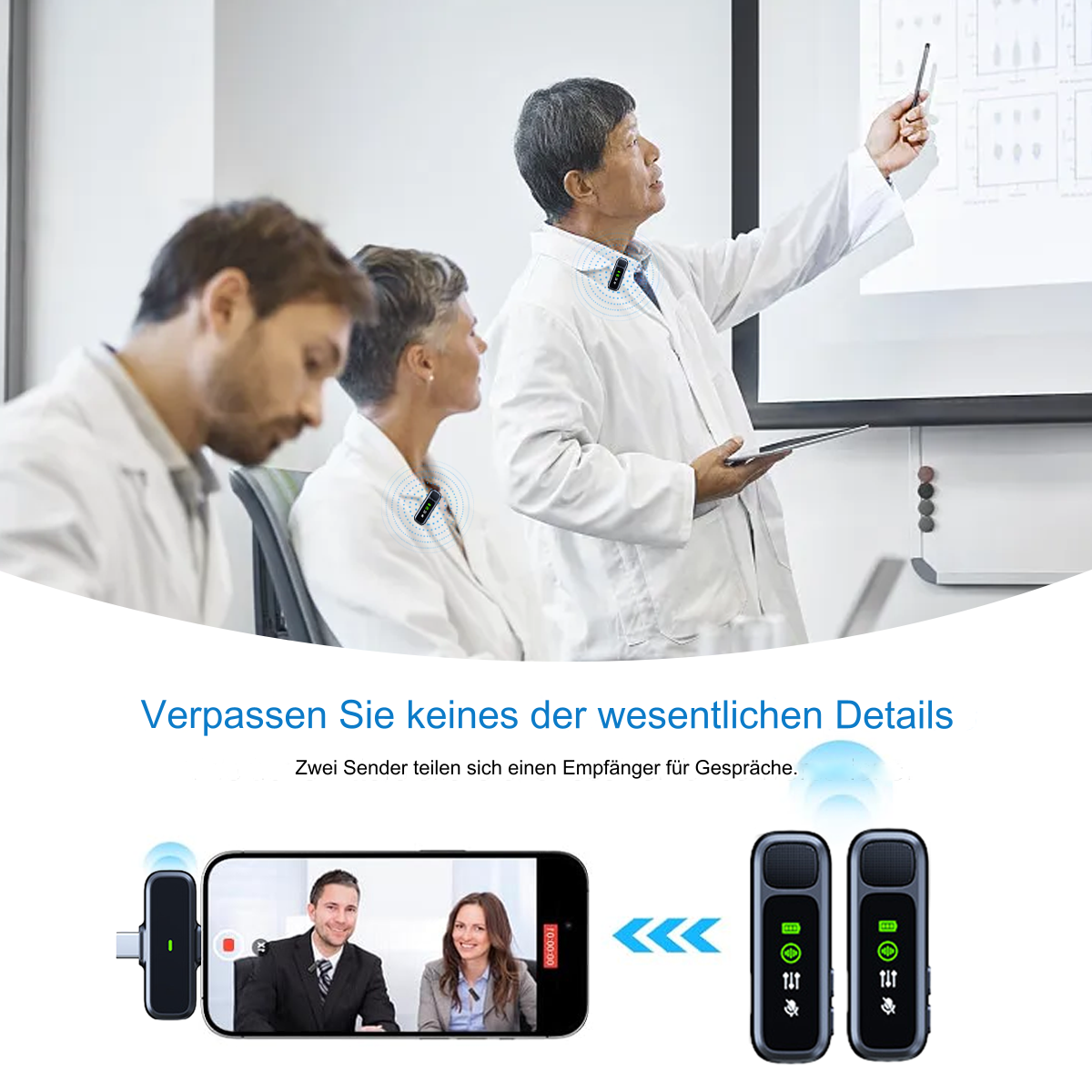 Personen benutzen drahtlose Mikrofone. Einer präsentiert, andere schauen auf einen Telefonbildschirm.