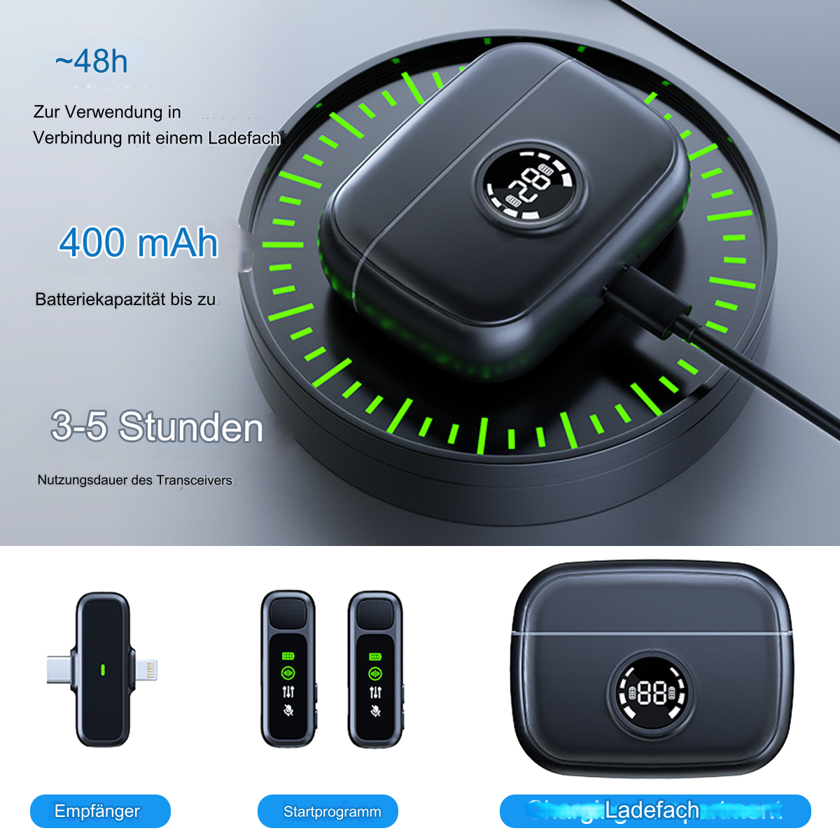 Ein drahtloses Mikrofonsystem mit Ladestation und zwei Sendern. Die Ladestation zeigt den Ladestatus an.