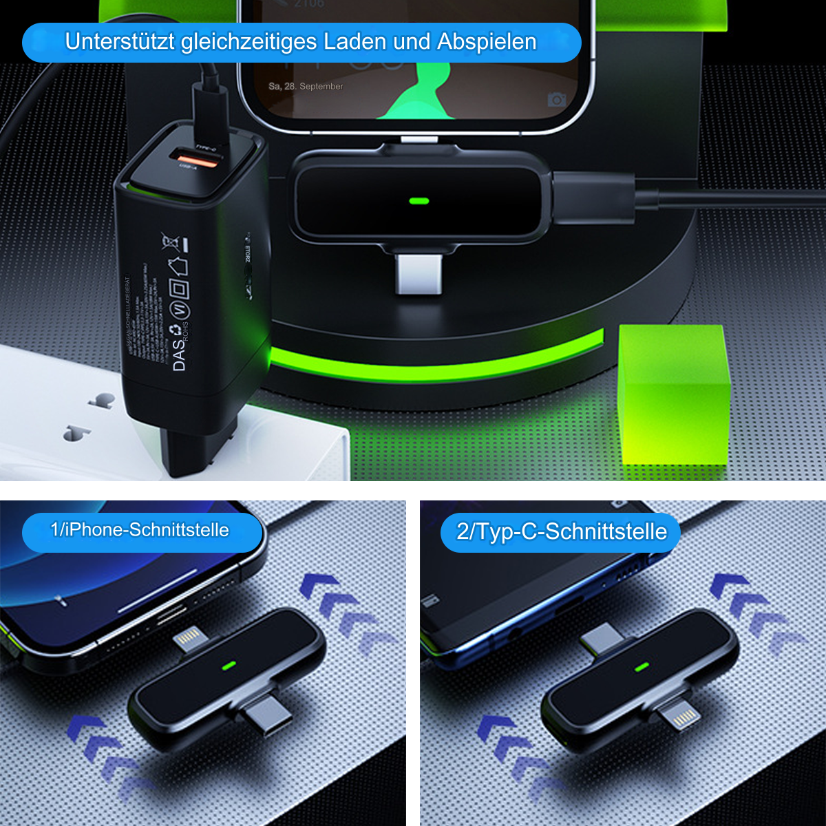 Verschiedene USB-Adapter, mit Ladegerät und zwei Telefonen.