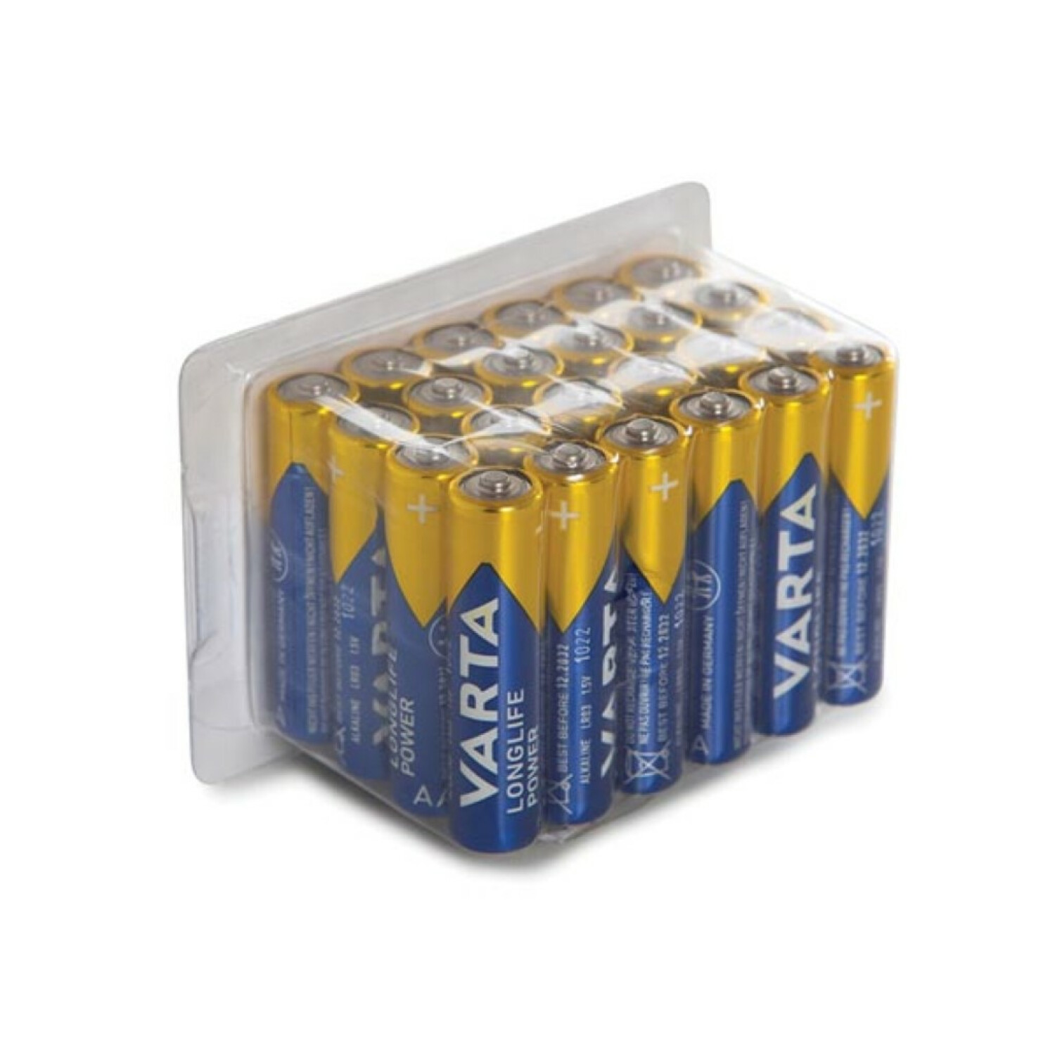 Een verpakking VARTA AA-batterijen, in een doorzichtige plastic hoes, met een blauw-gouden kleurenschema.