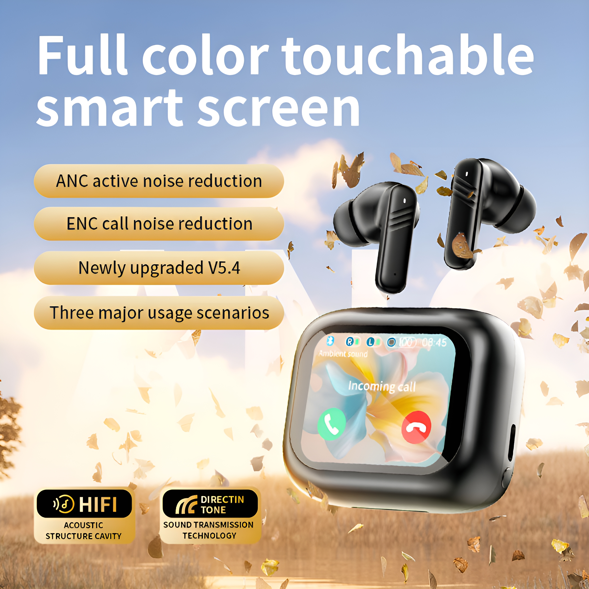 Zwei schwarze Ohrhörer und ein Smart-Screen mit Anrufschnittstelle, vor blauem Himmel mit Blättern.