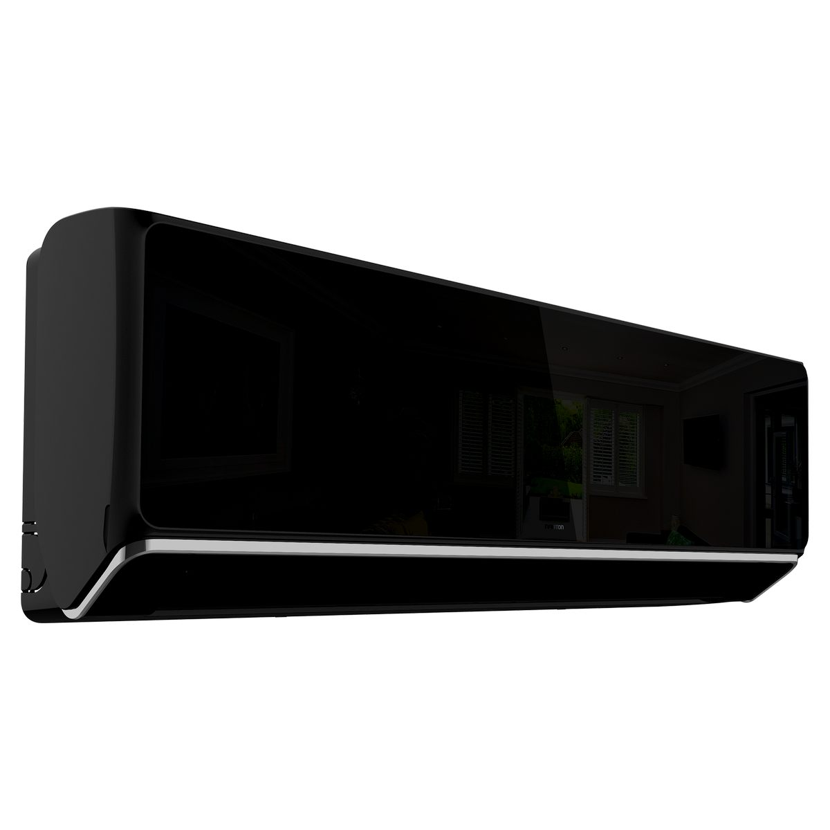 Un aire acondicionado negro está montado en una pared blanca. La unidad es brillante con una franja plateada horizontal.
