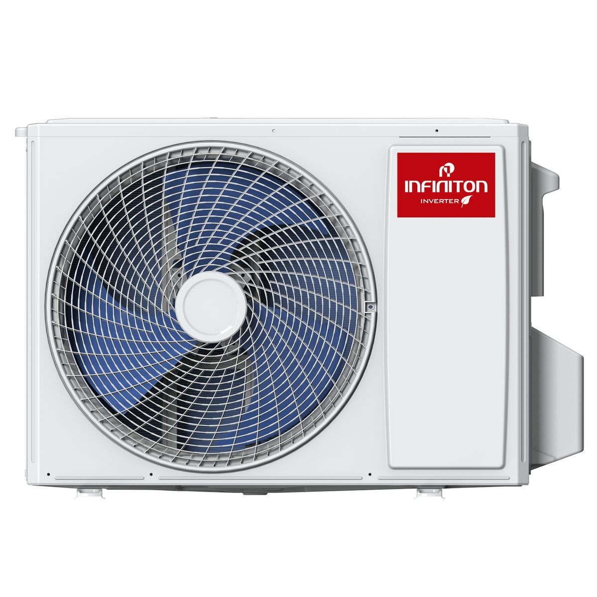 Unidad de aire acondicionado blanca con ventilador azul visible. La marca 'INFINITON' está en letras rojas en la unidad.