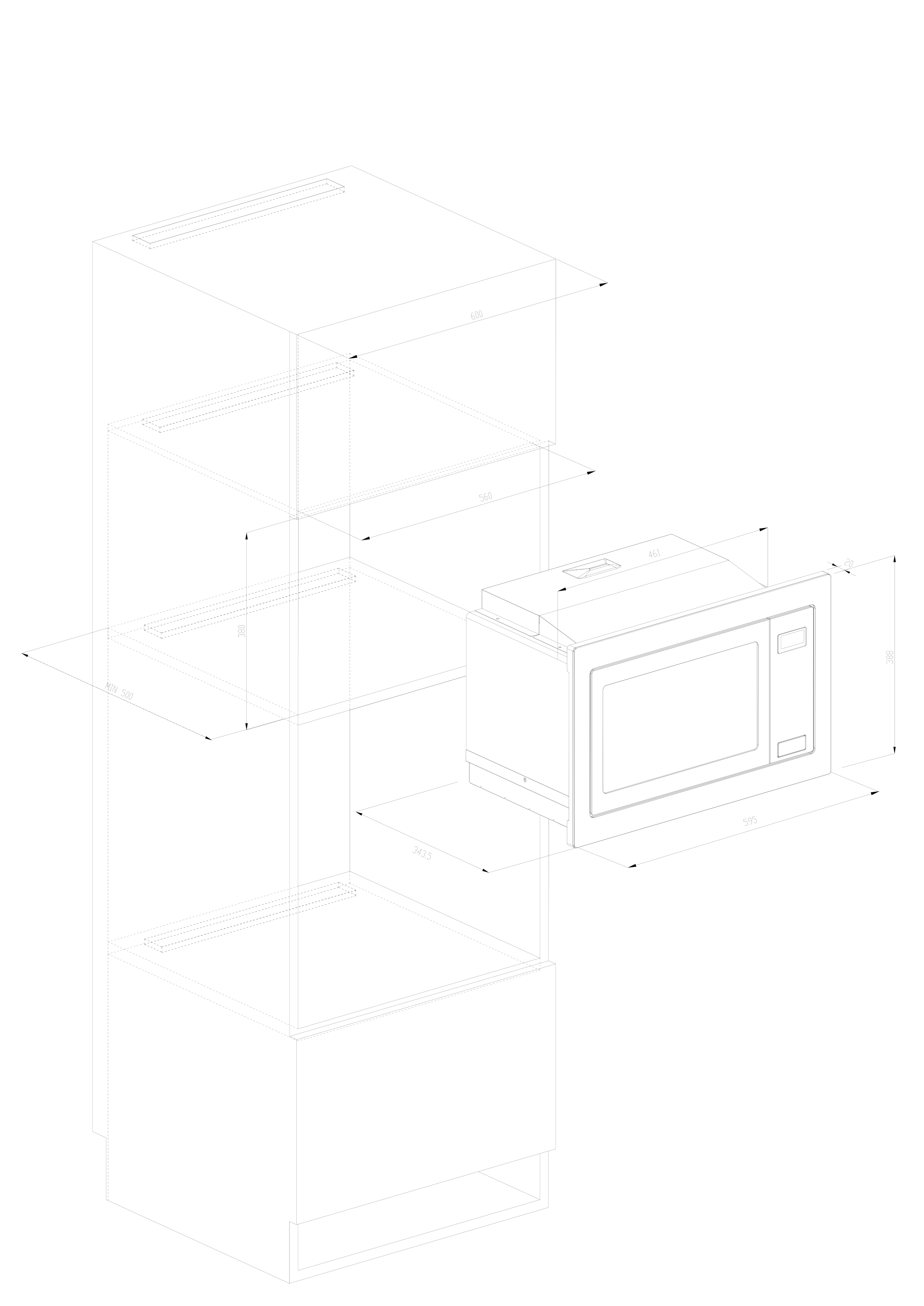 Technical drawing of a microwave oven in a cabinet, with dimensions indicated.