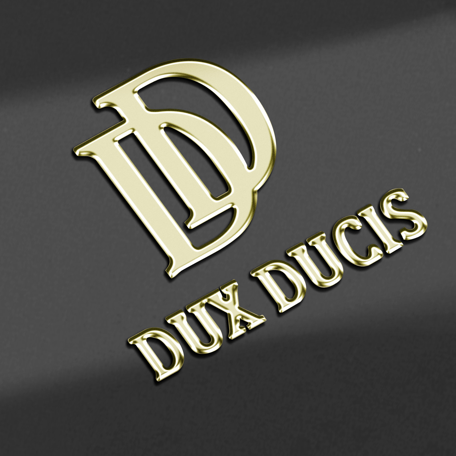 Logo DUX DUCIS doré sur fond gris foncé texturé.