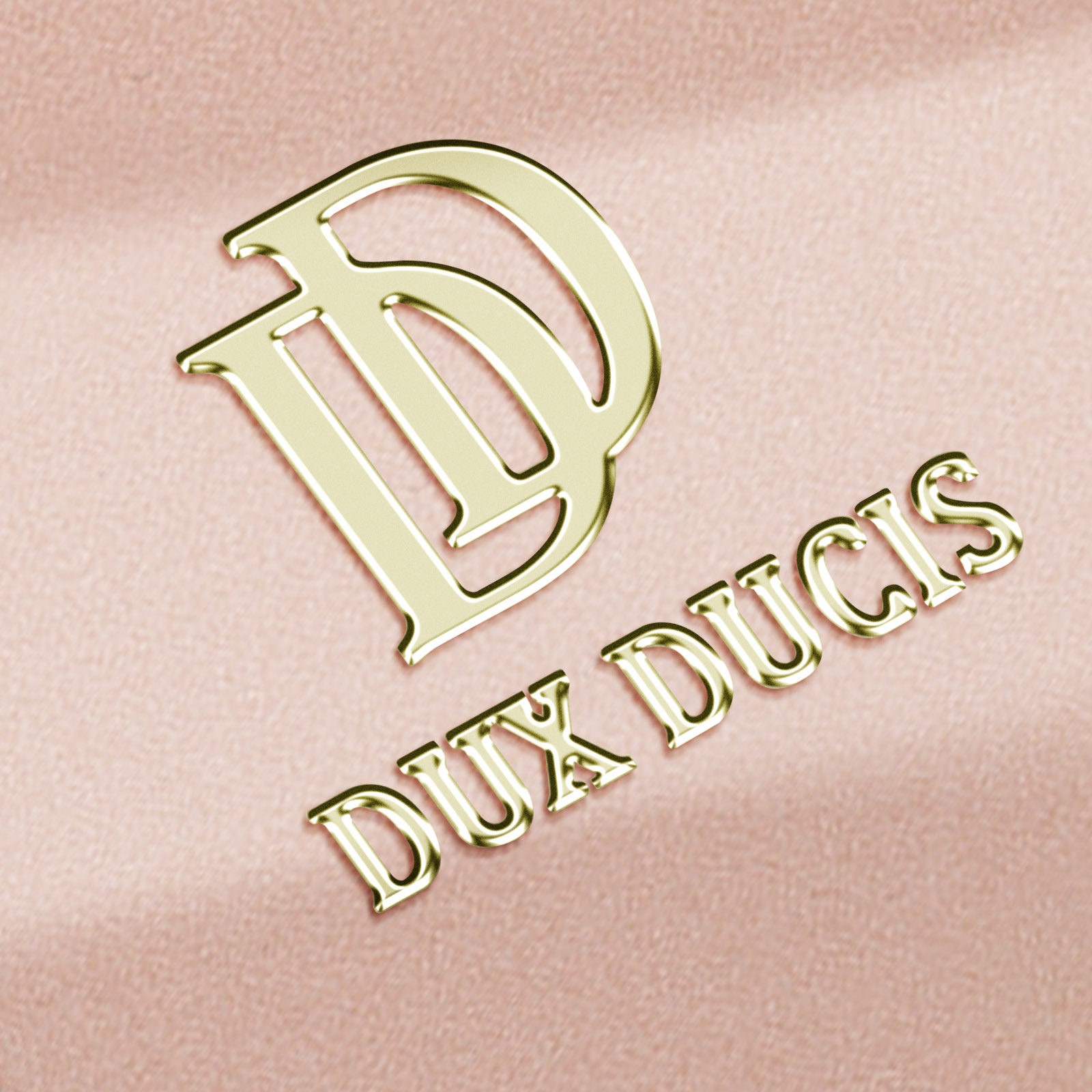 Logo DUX DUCIS dorato su sfondo rosa chiaro strutturato.