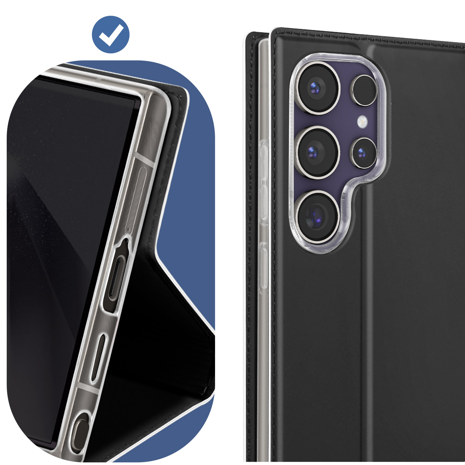 Coque de téléphone avec un téléphone. La coque est noire. Le fond est bleu.