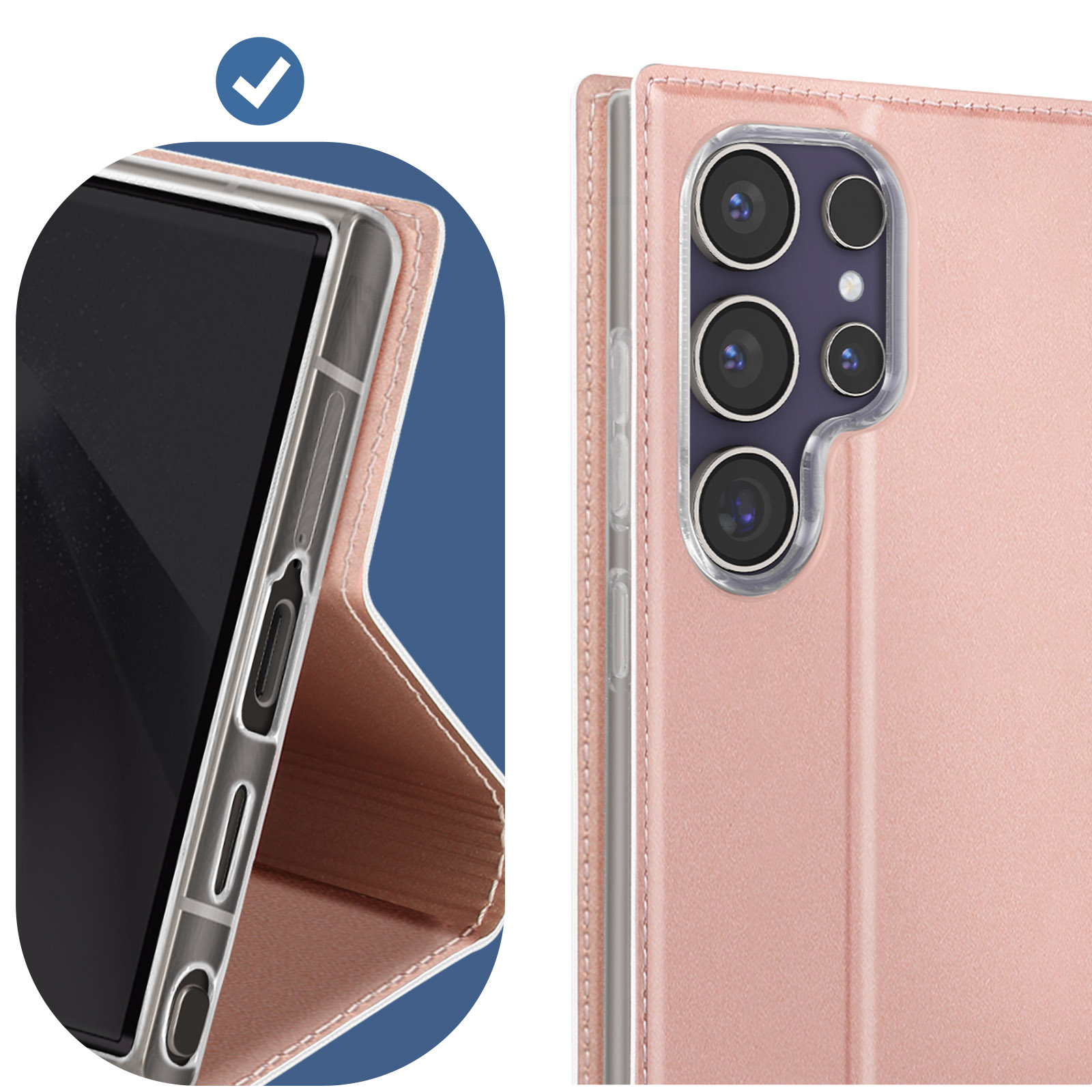 Custodia rosa per telefono con telefono e segno di spunta.