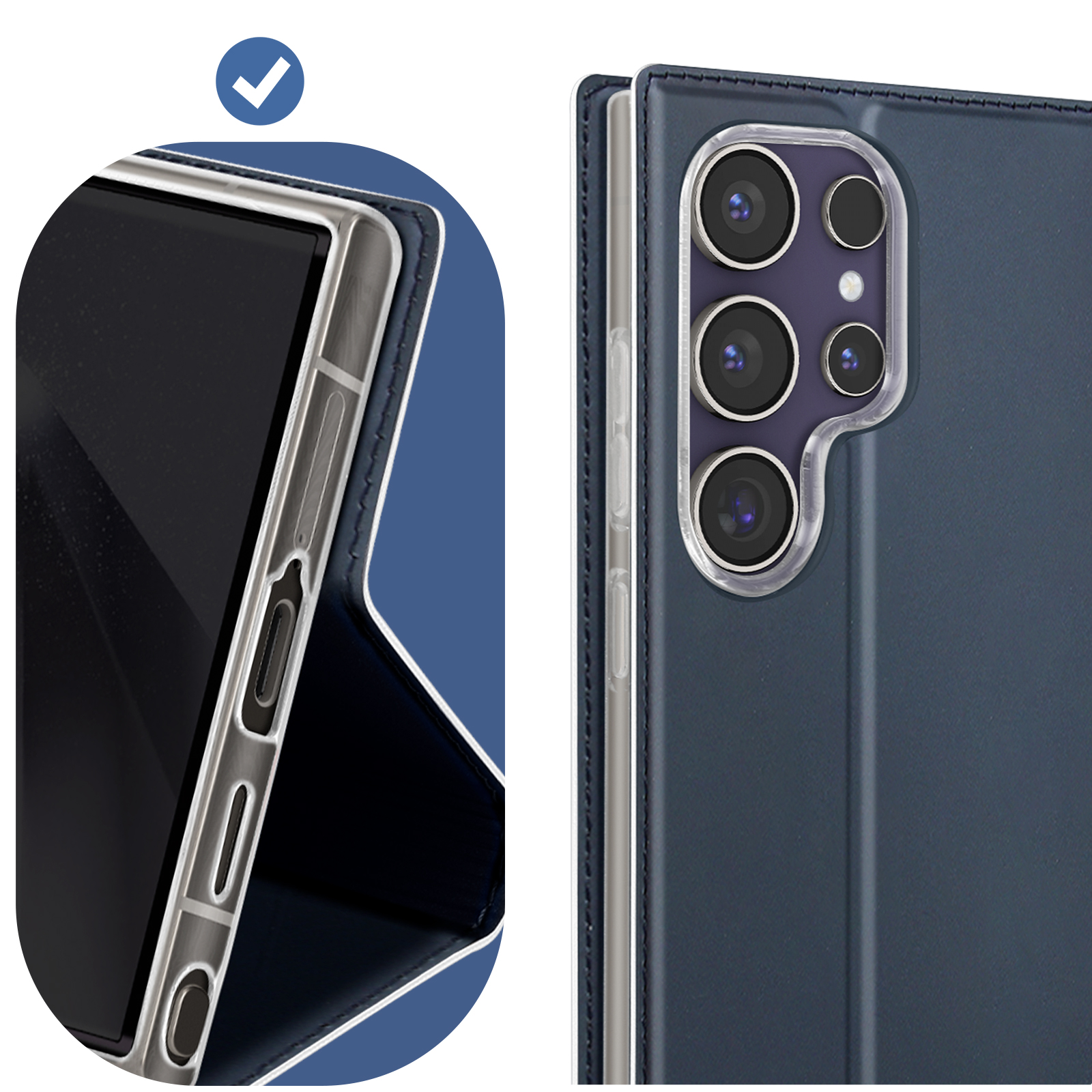 Custodia del telefono aperta, che mostra il lato del telefono con pulsanti e modulo fotocamera. Custodia blu.