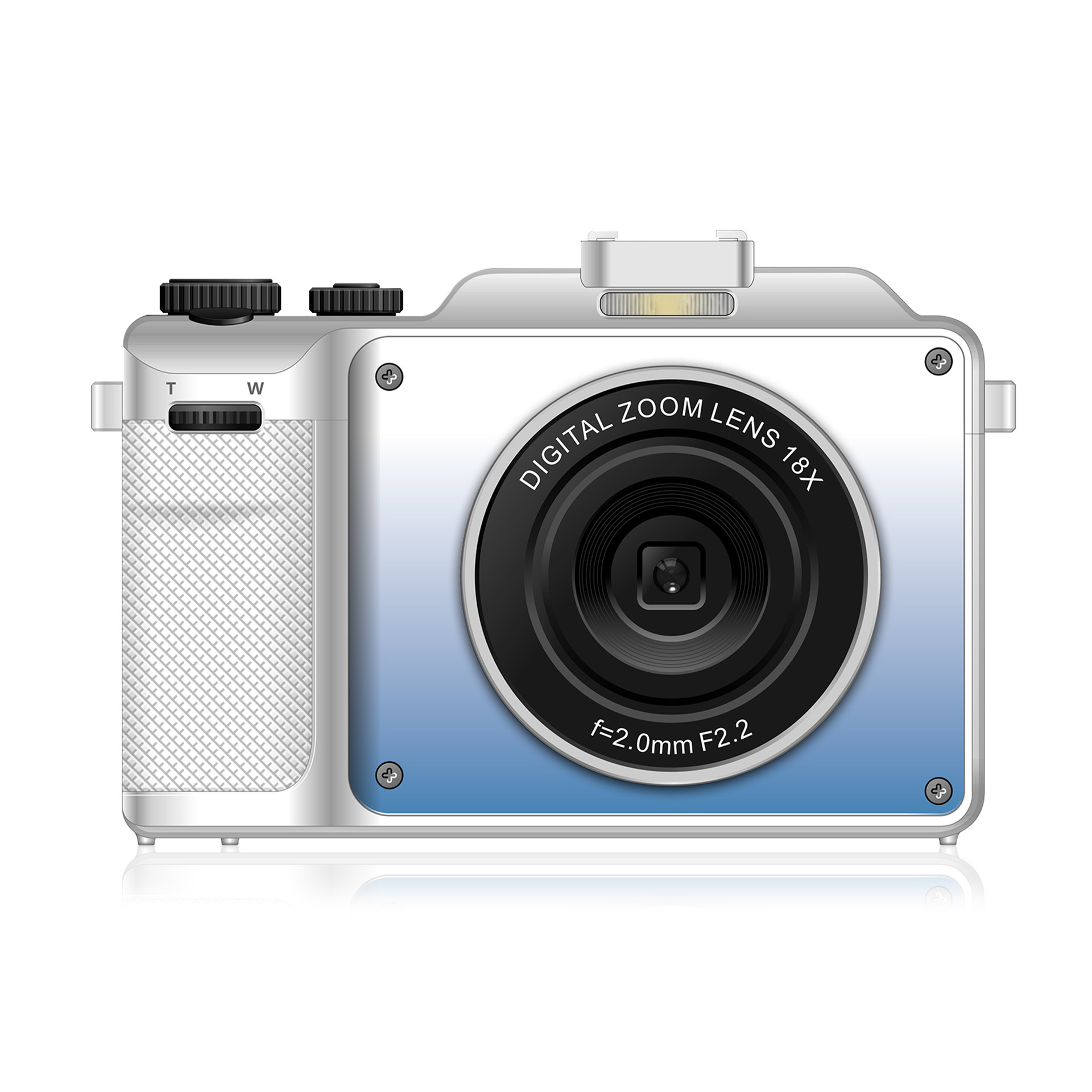 Srebrno-niebieski aparat cyfrowy z czarnym obiektywem, przyciskami i ekranem.