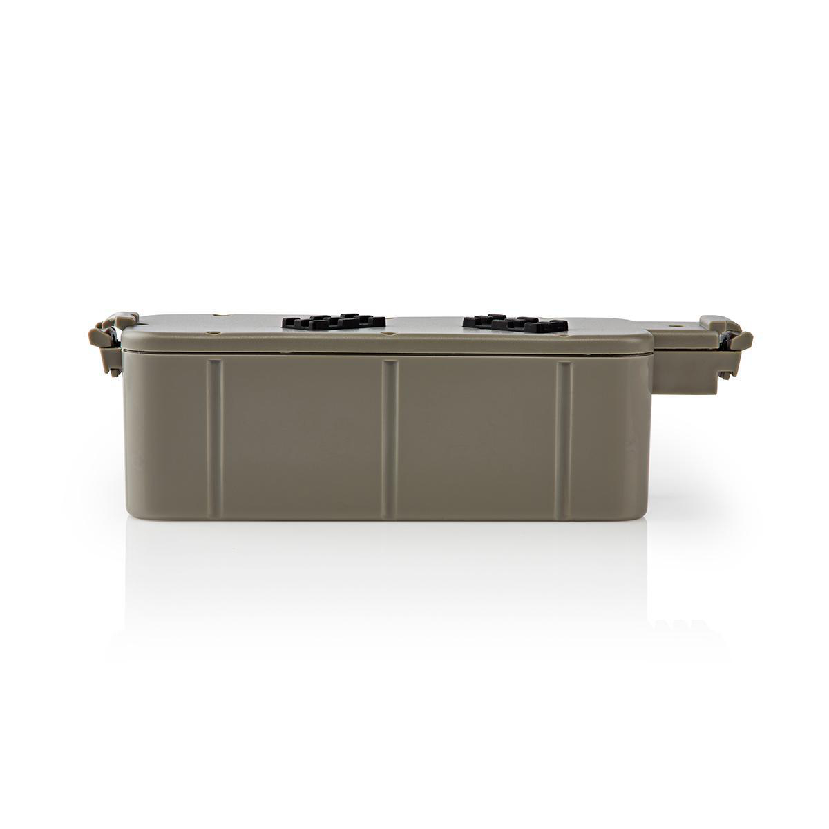 Contenedor rectangular gris con tapa. Conectores negros arriba. Fondo blanco.