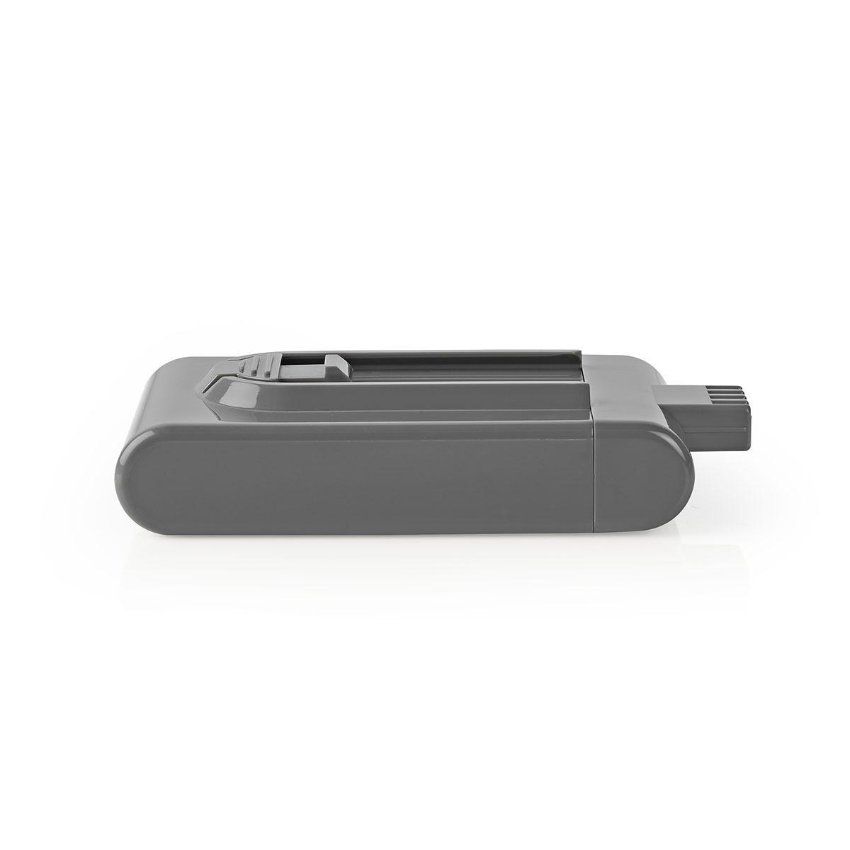 Batería gris de aspiradora. Rectangular, con pequeña extensión lateral.