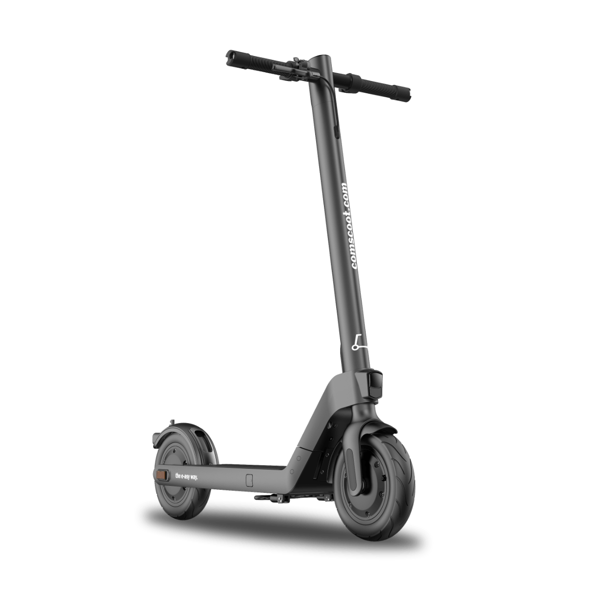 Schwarzer Elektroroller auf schwarzem Hintergrund. Der Roller hat einen Griff, Räder und ein Display.