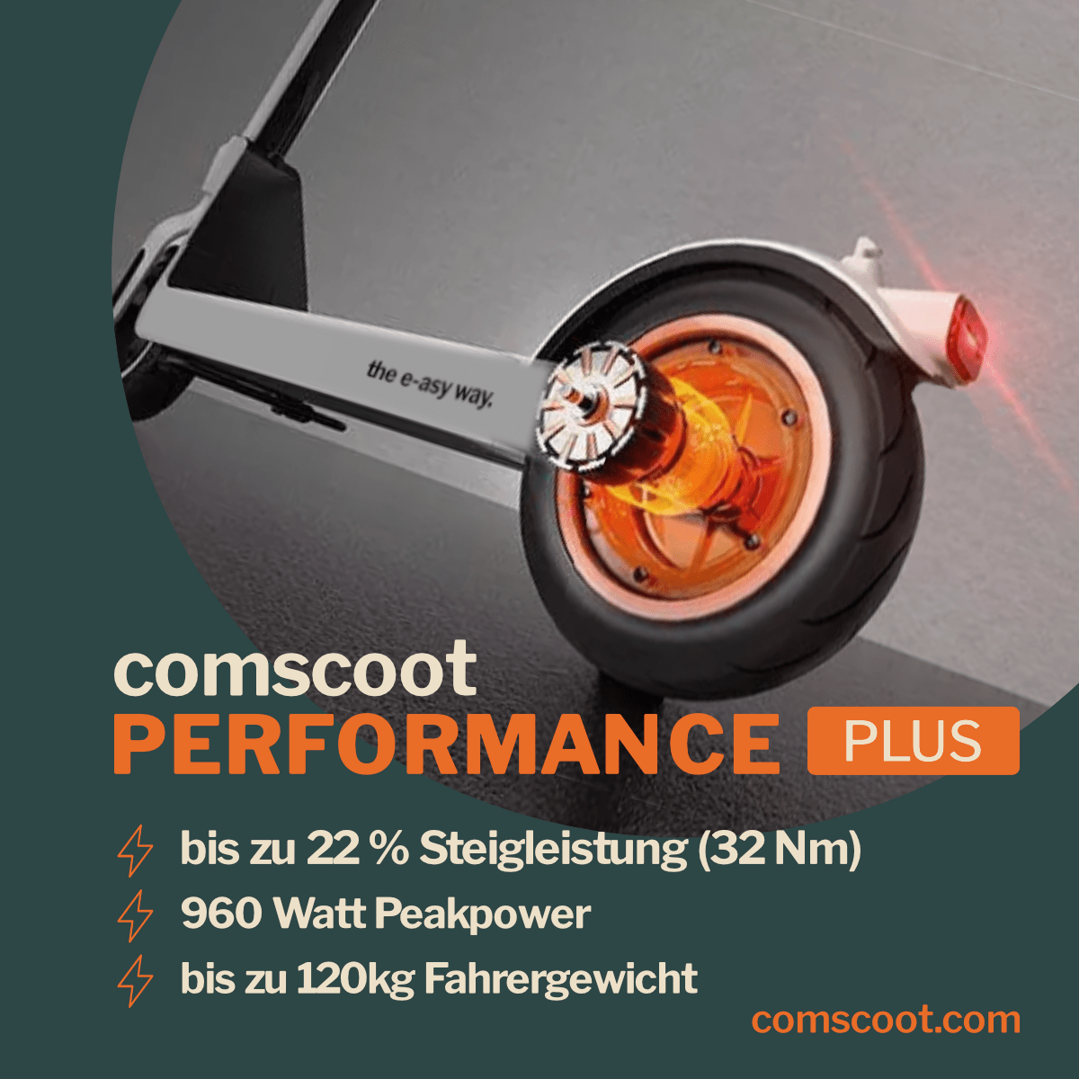 Nahaufnahme eines Elektroroller-Rads. Der Text lautet 'comscoot PERFORMANCE PLUS' mit Spezifikationen.