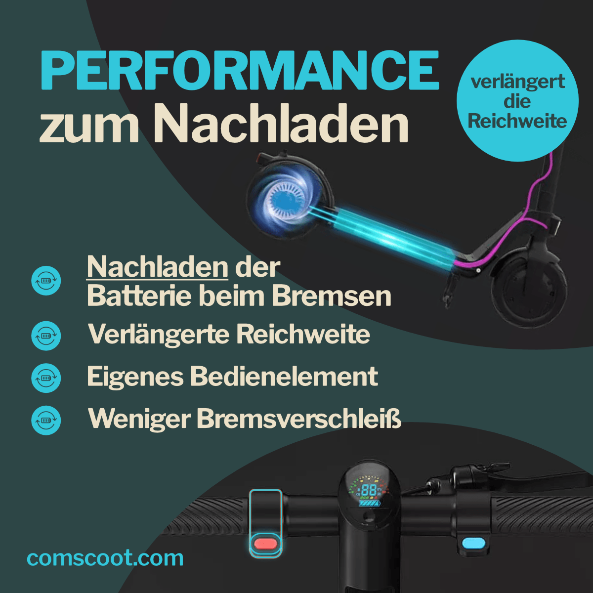 E-Scooter mit blauem und pinkem Design, Text über Leistung und Funktionen wie Bremsenergierückgewinnung.