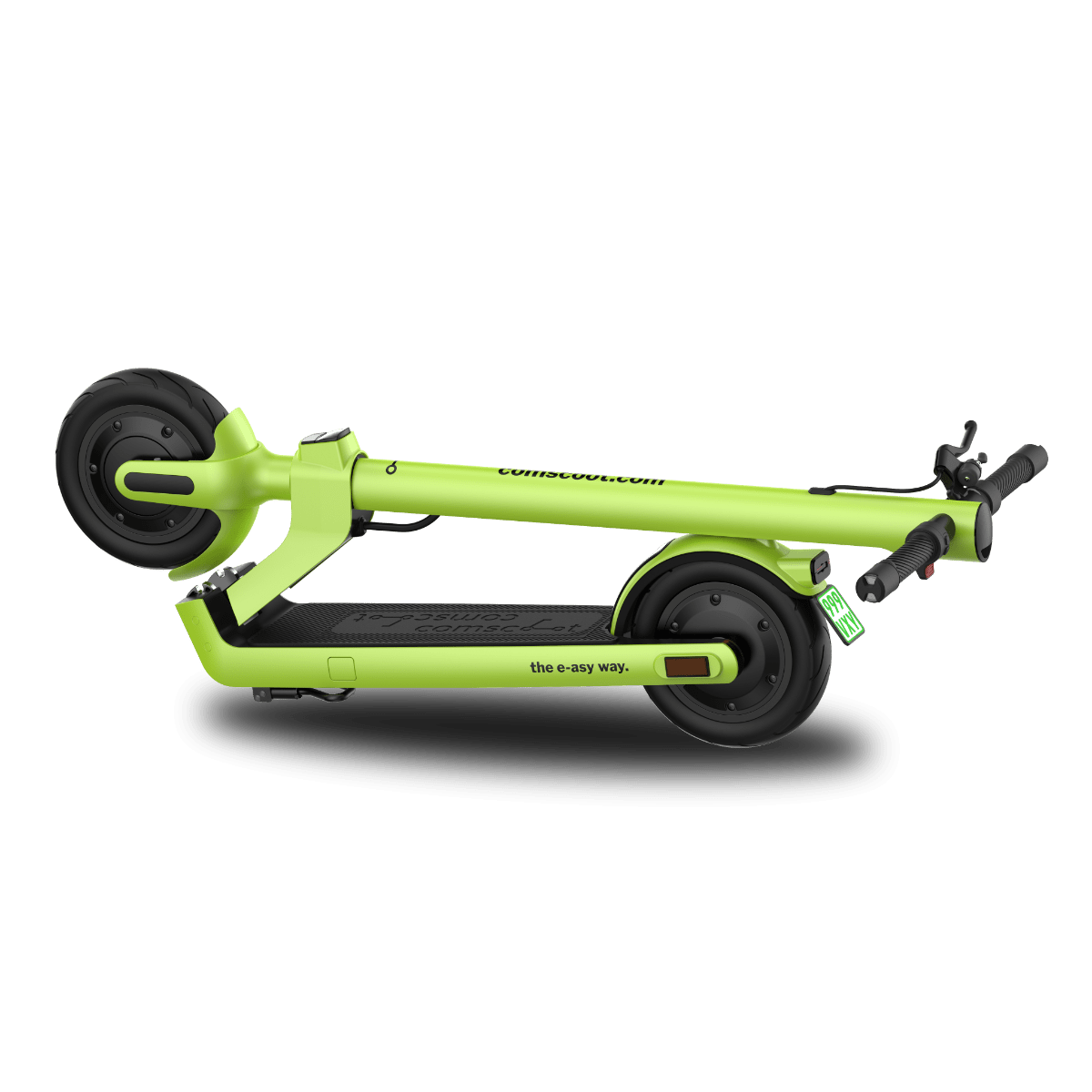 Zusammengeklappter limettengrüner Roller. Schwarze Räder und Lenker mit Website-Namen an der Seite.