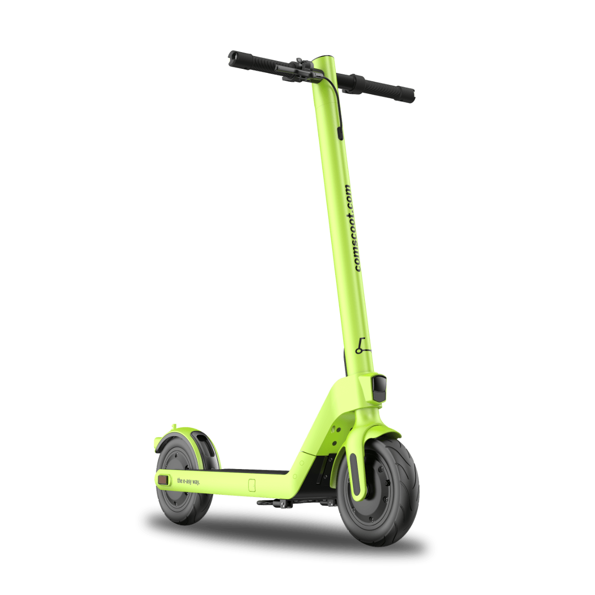 Limettengrüner Elektroroller vor schwarzem Hintergrund. Der Roller hat ein schlankes Design.
