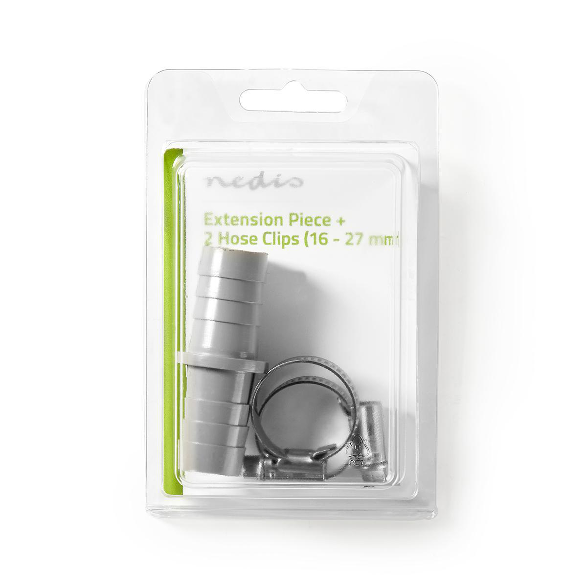 Clear plastic package with gray extension and hose clamps. White background.