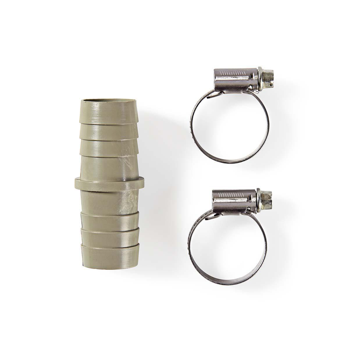 Grey plastic hose connector and two metal hose clamps on a white background.