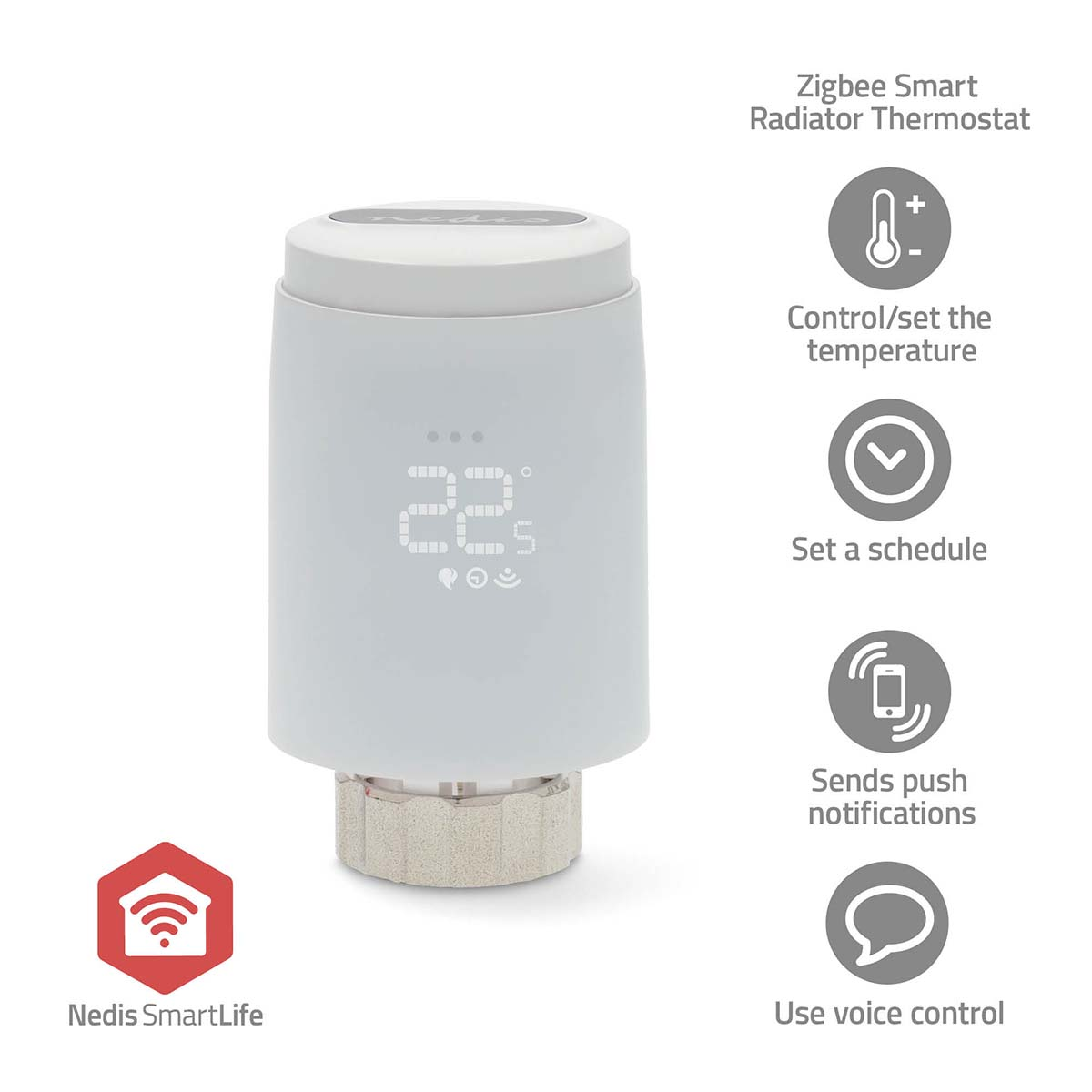 White smart thermostat with icons, white background.
