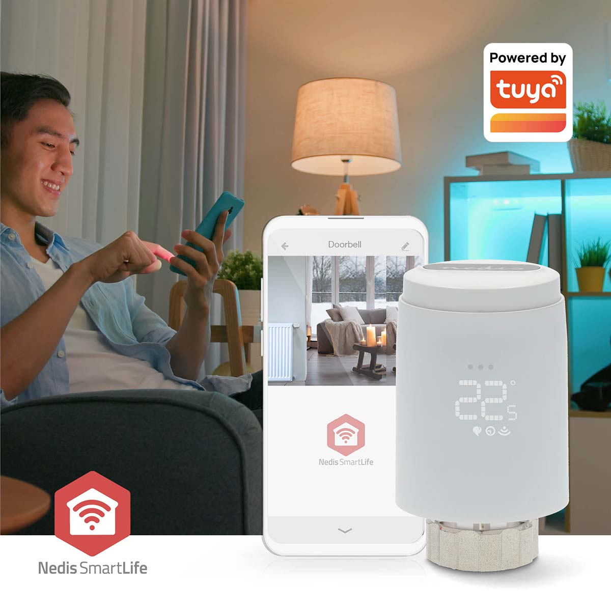 A man using a phone with a smart thermostat and a smart home setup. 